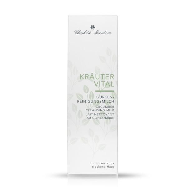 Charlotte Meentzen Kräutervital Gurken-Reinigungsmilch. Weiße Verpackung mit Produktnamen und floralem Muster. Für normale bis trockene Haut.