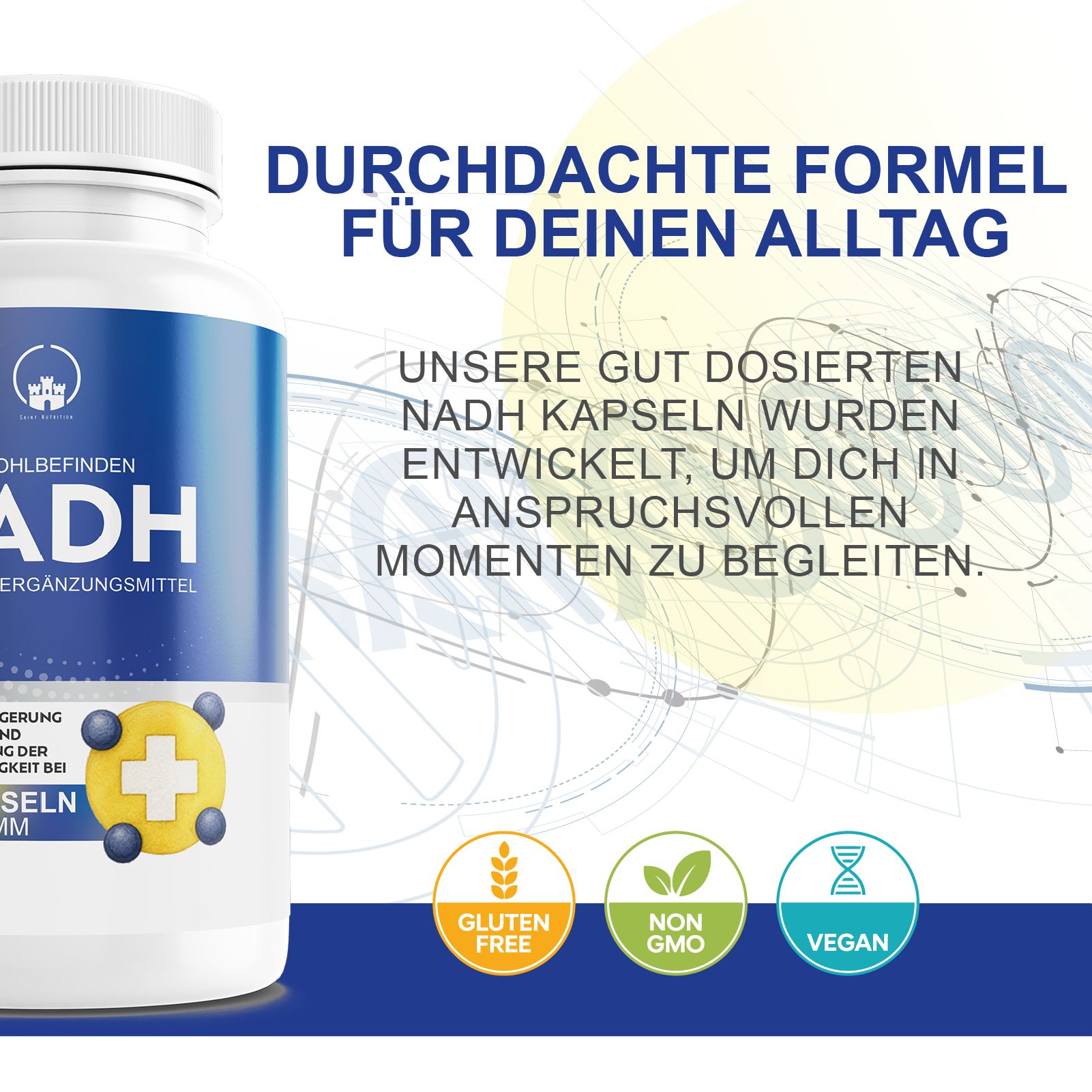 Weiße Kapselverpackung mit blauem Etikett, das 'Durchdachte Formel' und Siegel wie 'Gluten Free', 'Non GMO', 'Vegan' zeigt.