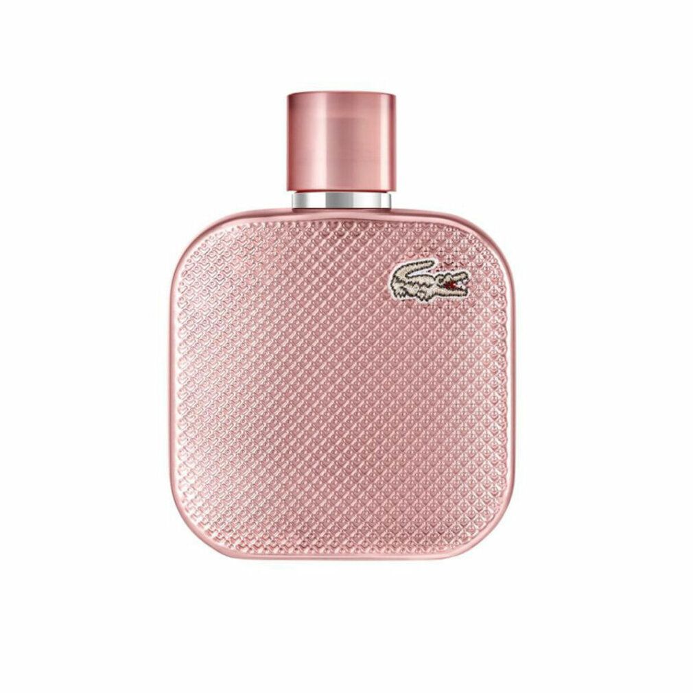 Rosafarbener Flakon mit quadratischem Design und geprägter Oberfläche. Silberner Verschluss und Krokodil-Logo. LACOSTE L.12.12 Silver Rose.