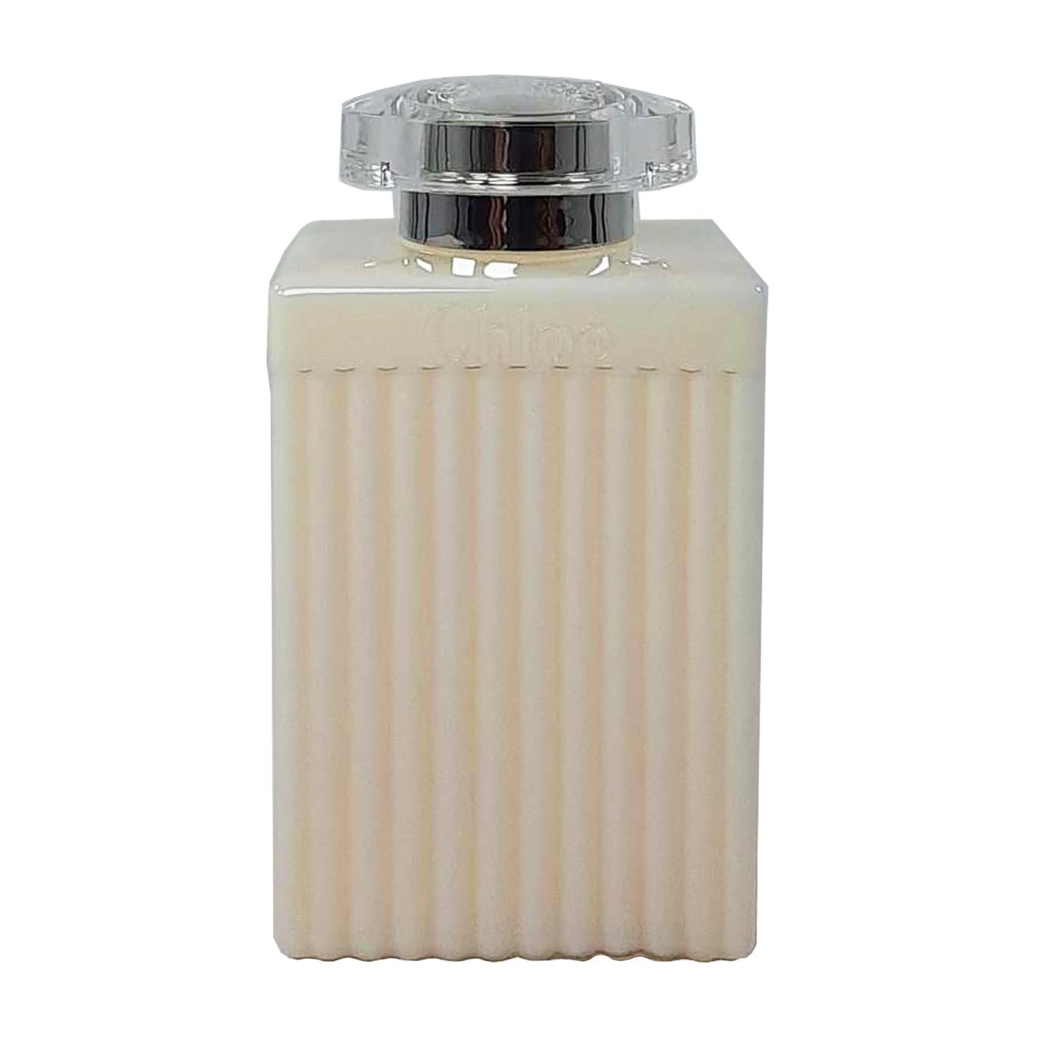 Beige Lotion-Flasche mit geriffelter Oberfläche, transparentem Deckel. Keine weiteren Details sichtbar.