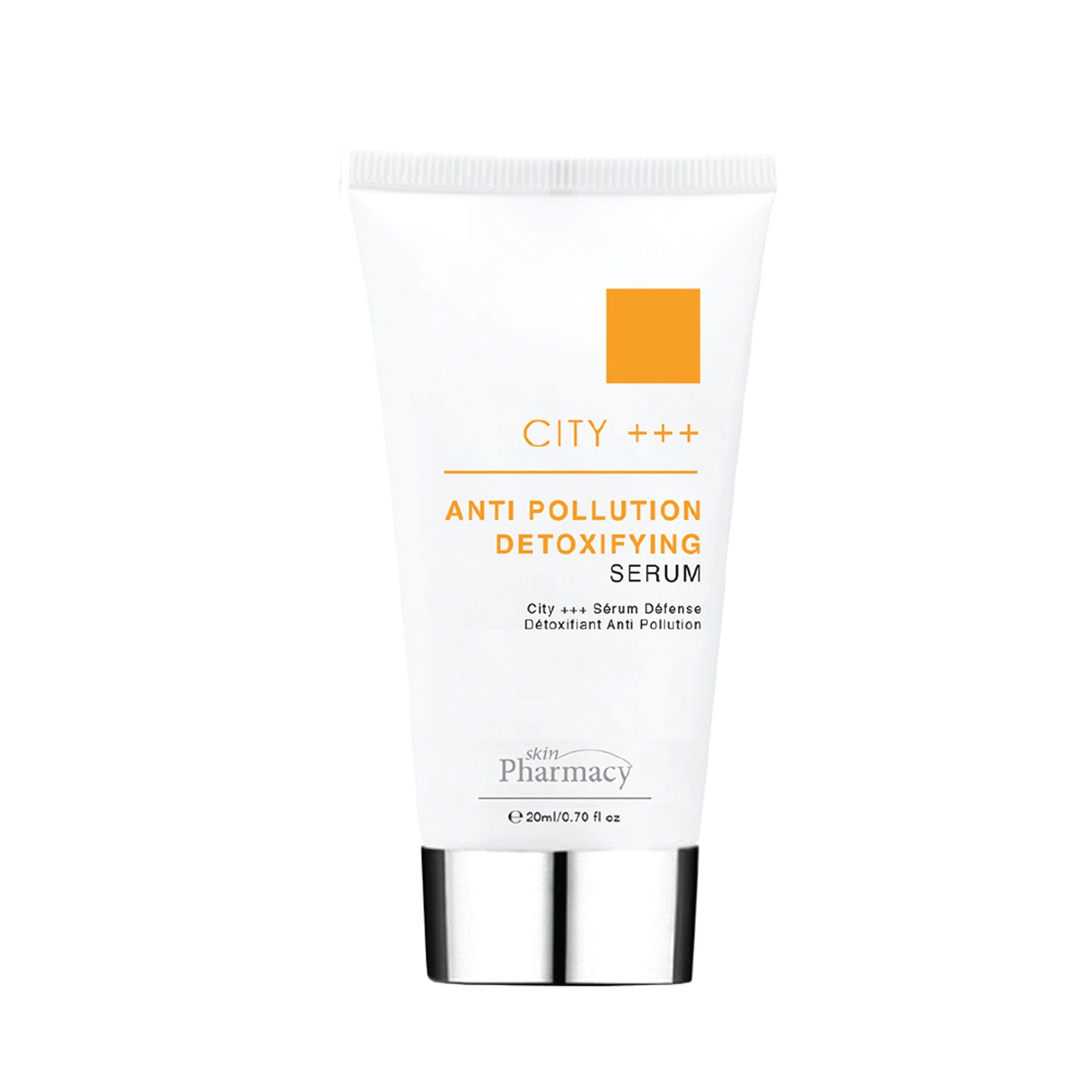 Weiße Tube mit silbernem Deckel. Aufschrift: CITY +++, Anti Pollution Detoxifying Serum. Marke: skinPharmacy.