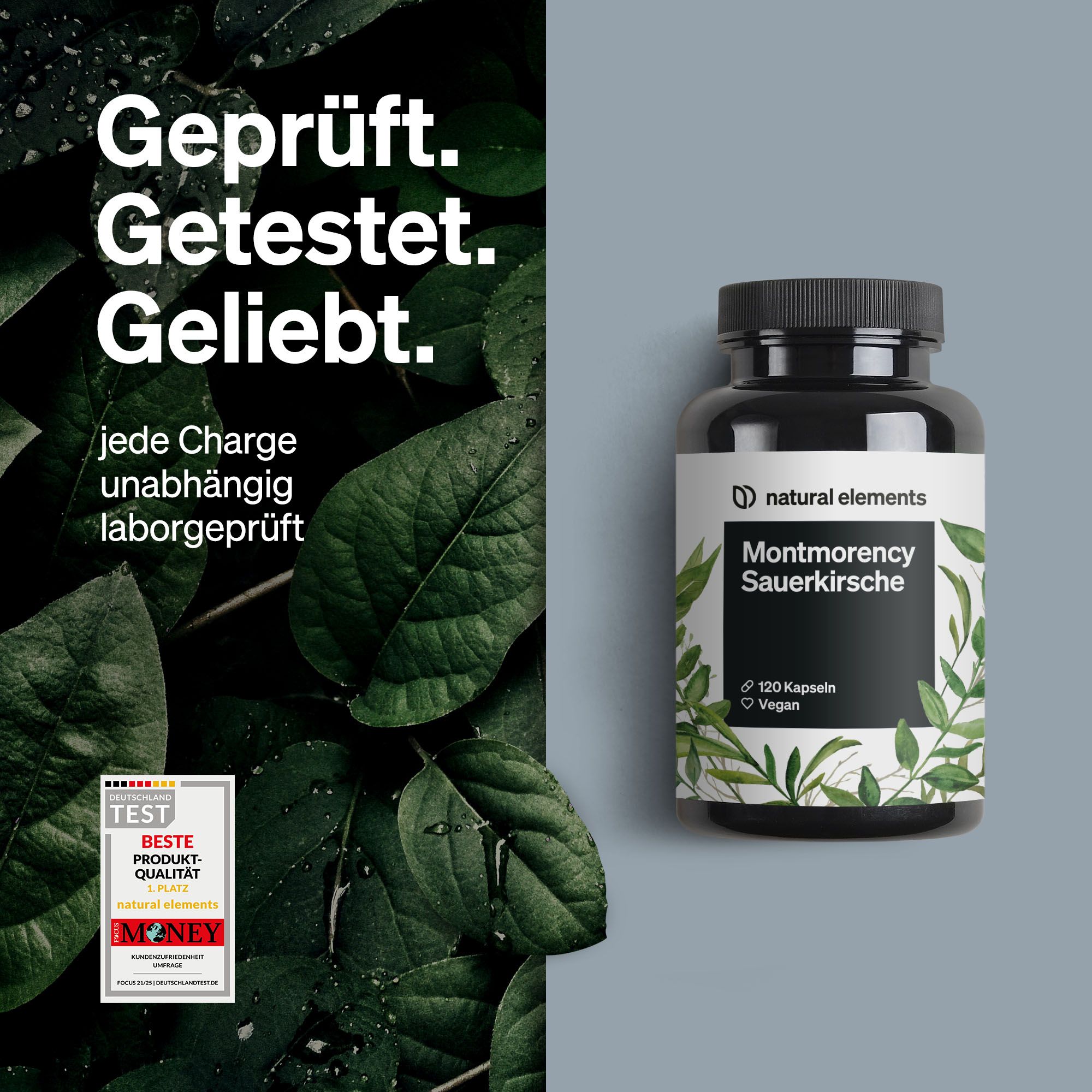 Flasche mit Etikett. Text: Montmorency Sauerkirsche, 120 Kapseln, Vegan. Marke: natural elements. Prüfsiegel.