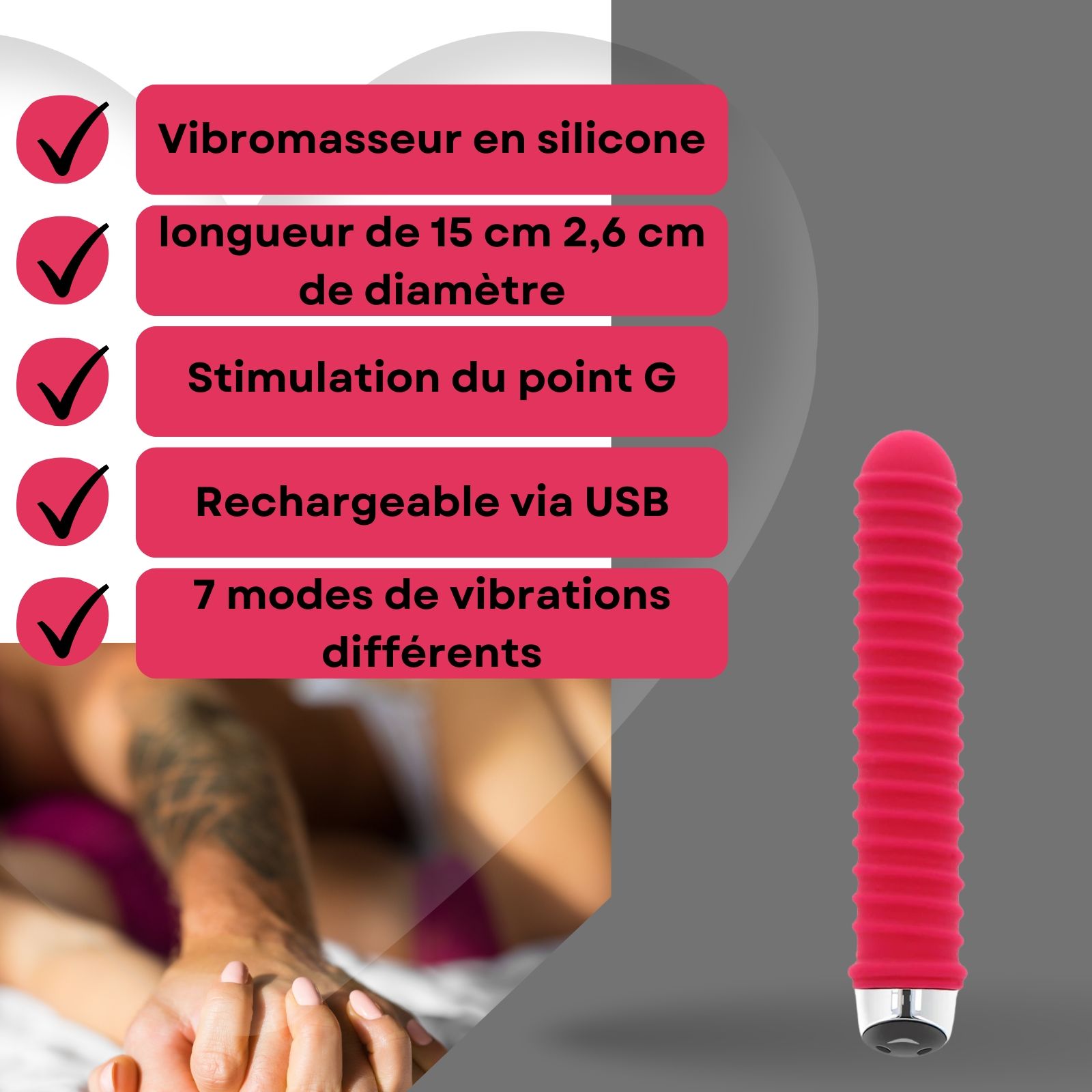 Vibrateur rouge rainuré. Texte: Vibrateur en silicone, 15cm, 2,6cm diamètre, stimulation point G, USB.