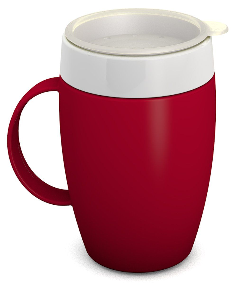 Roter Becher mit weißem Trinkaufsatz und Henkel. Kleiner Henkel. Der Becher hat eine ovale Form.