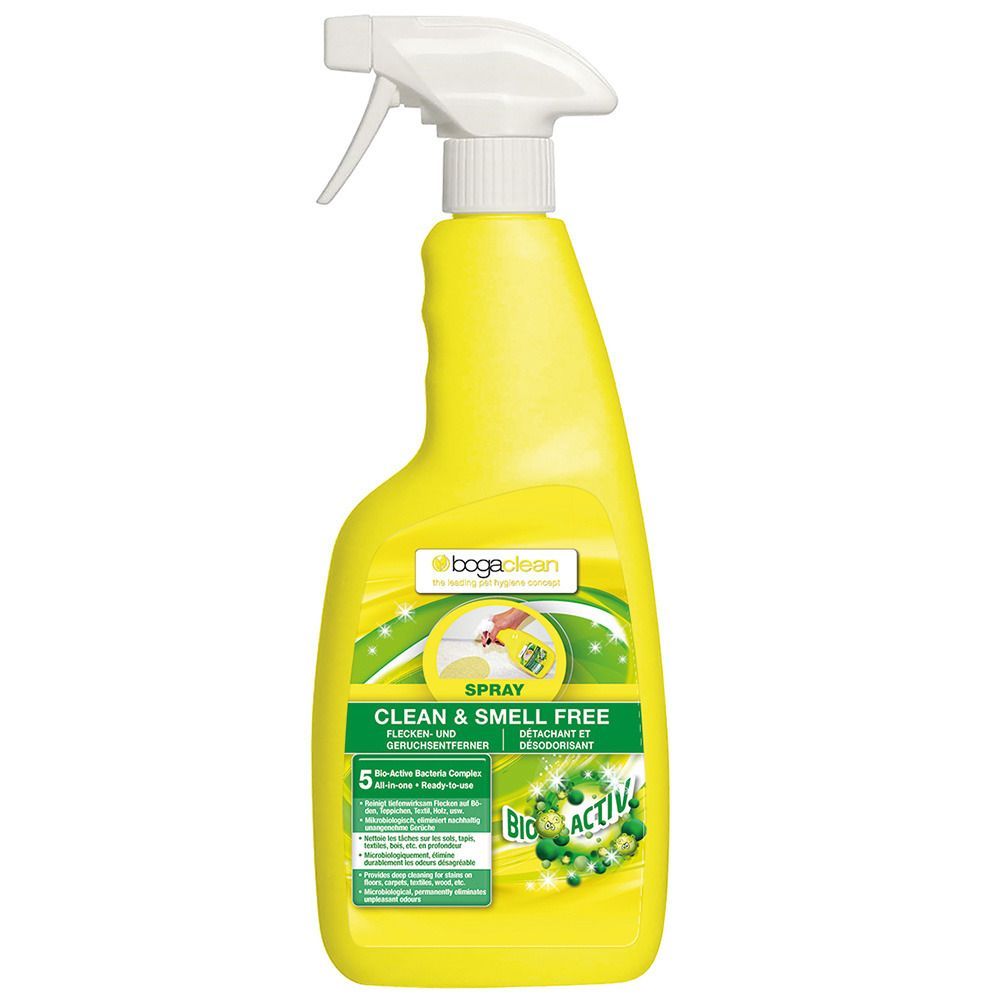 Gelbe Sprühflasche mit weißem Sprühkopf. Aufschrift: Clean & Smell Free. Marke: bogaclean. Mit Bio-Active.