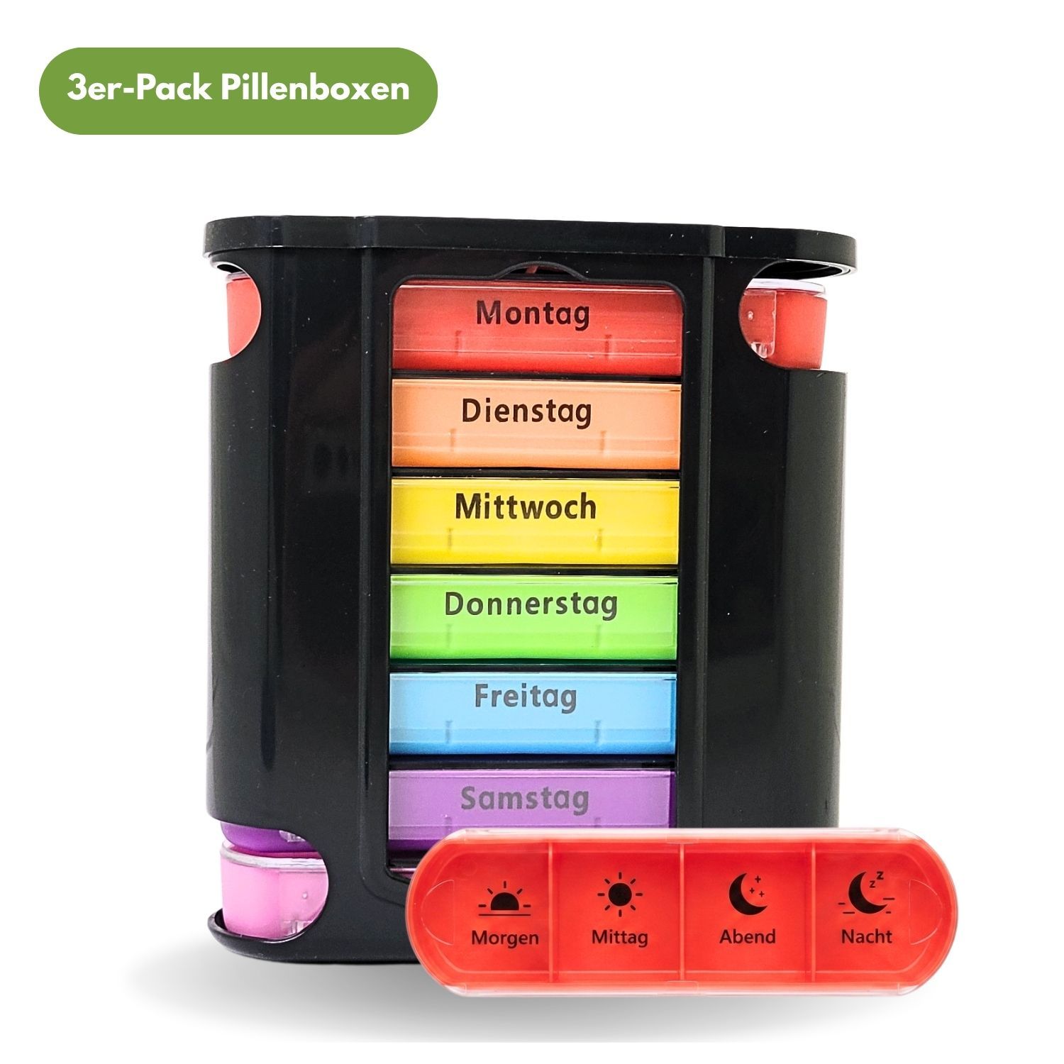 Schwarze Tablettenbox mit 7 farbigen Fächern für Wochentage. Eine rote, separate Box für Tageszeiten.