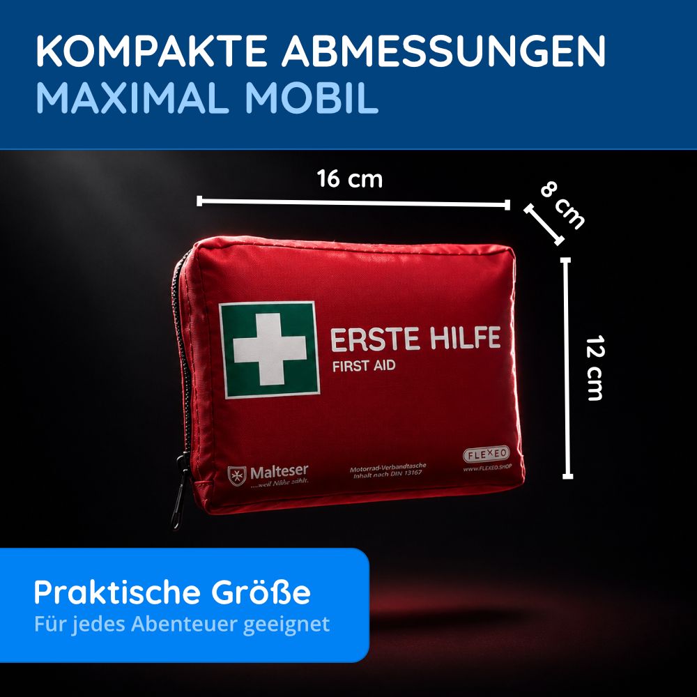 Rotes Erste-Hilfe-Set mit Maßen 16x12x8 cm. Text: Kompakte Abmessungen, maximal mobil. Praktische Größe für jedes Abenteuer geeignet.
