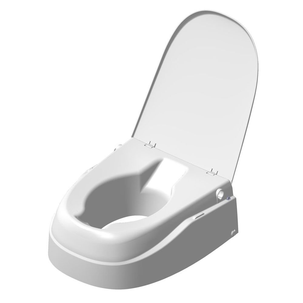 Weiße Toilettensitzerhöhung ohne Armlehnen. Deckel geöffnet. Runde Öffnung. Grauer Hintergrund.