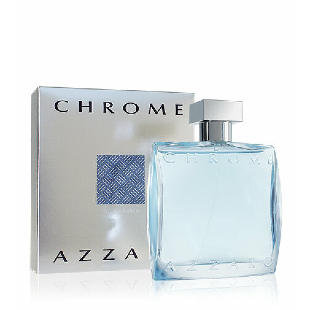 Flakon und Verpackung. Flakon mit blauer Flüssigkeit, silbernem Verschluss. Verpackung mit "CHROME" und "AZZARO" Schriftzug.