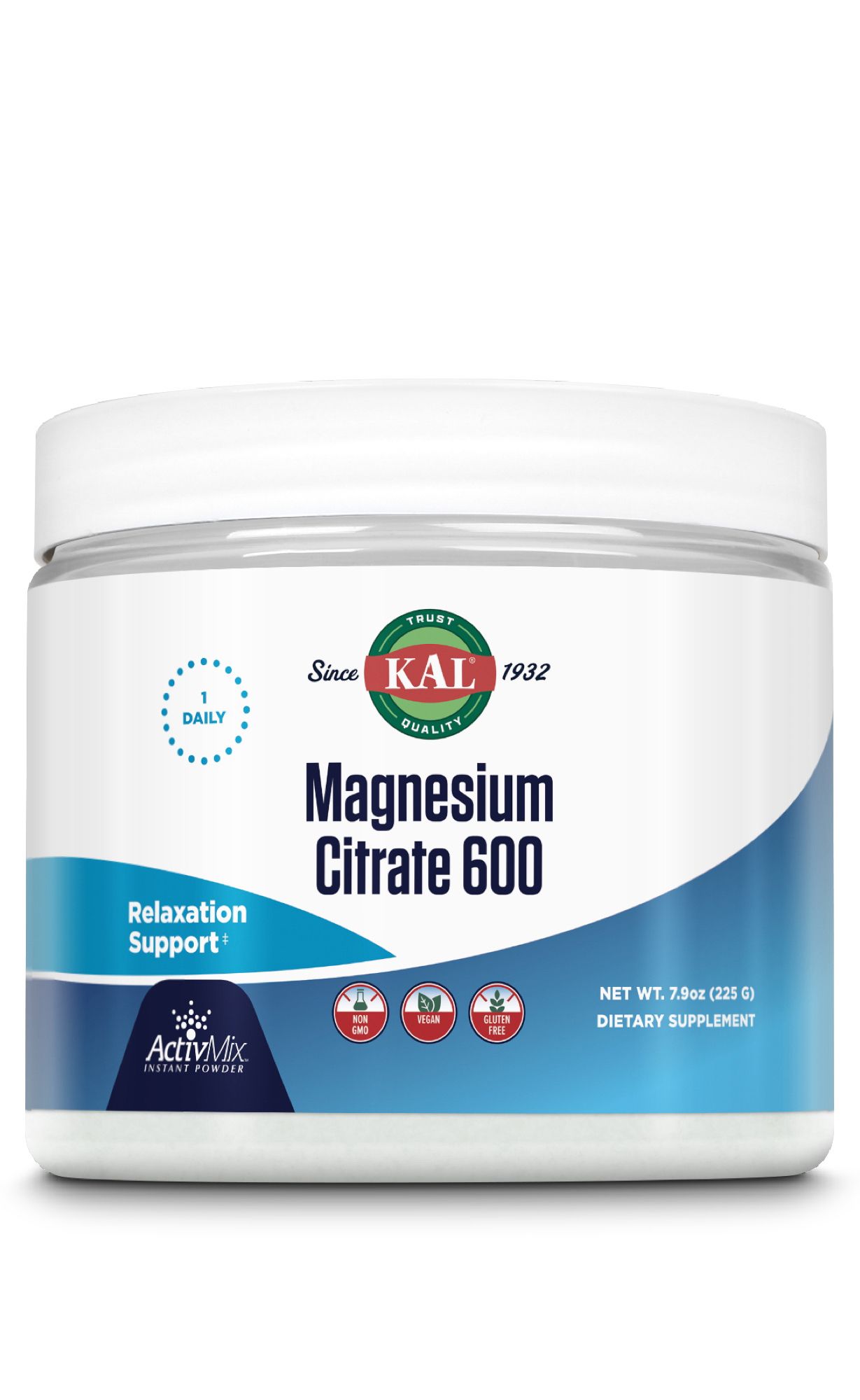 Weißes Produktglas mit blauem Etikett. Aufschrift: Magnesium Citrat 600. Logo von KAL. Text: 1 Daily, Relaxation Support, ActivMix.