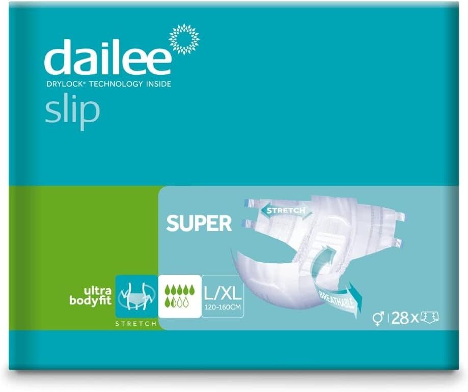 Verpackung Dailee Slip Super. Türkis-grüne Verpackung mit Produktabbildung. Text: Dailee, Slip, Super, L/XL, 28 Stück.
