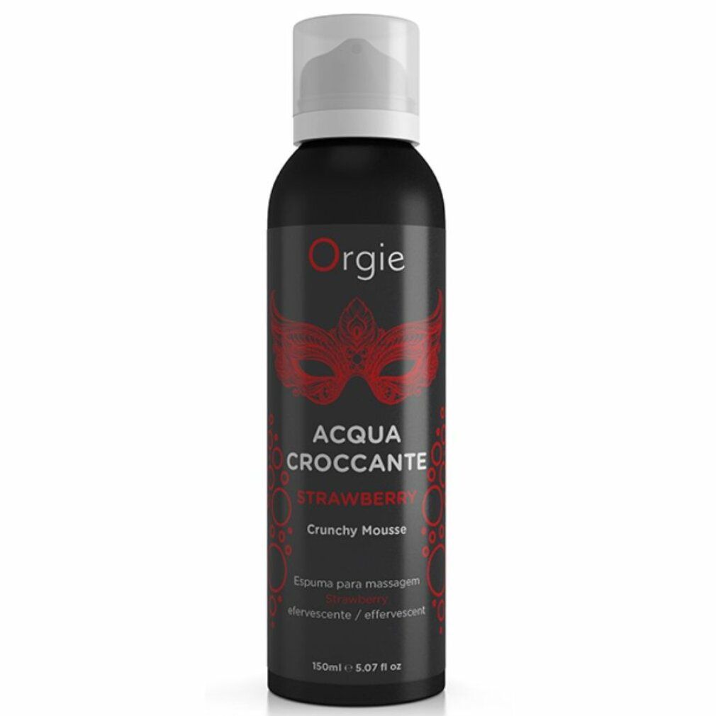 Schwarze Flasche mit weißem Sprühkopf. Aufschrift: Orgie, Acqua Croccante, Strawberry, Crunchy Mousse. Rotes Masken-Design.