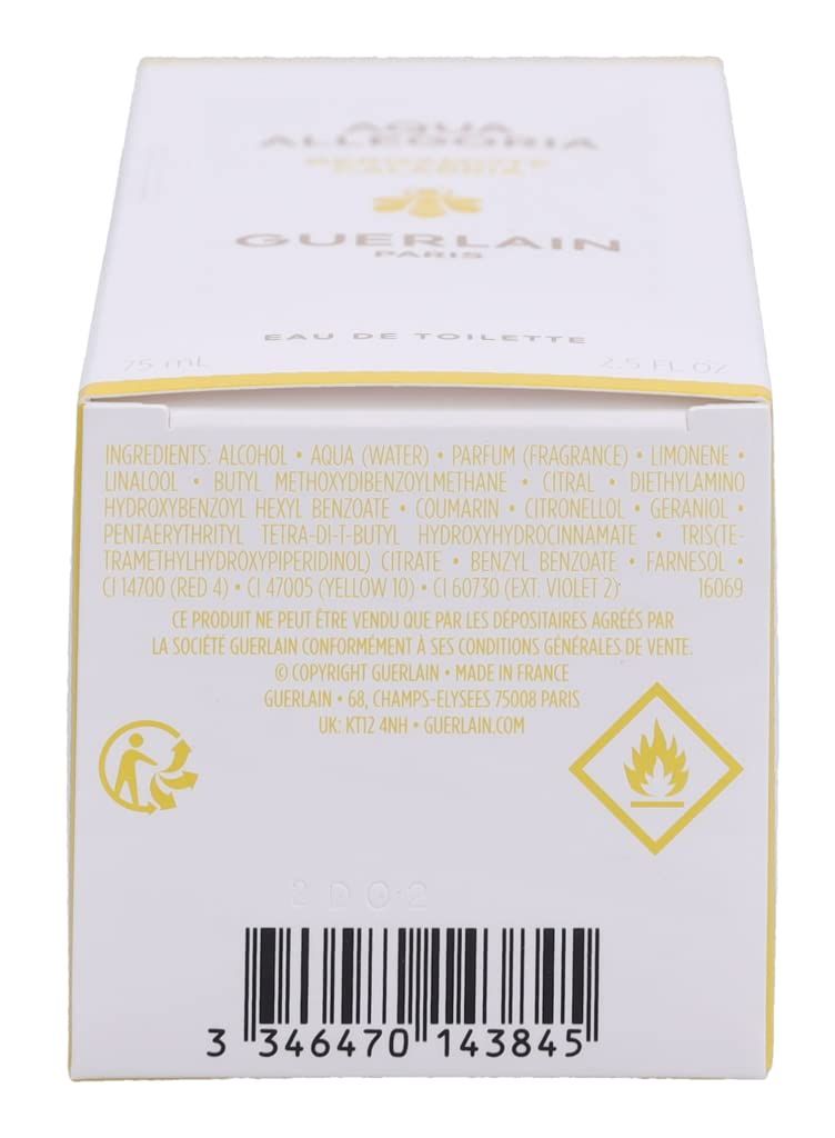 Verpackung mit Inhaltsstoffen und Warnhinweisen. Aufschrift: Aqua Allegoria Eau de Toilette. Marke: Guerlain.