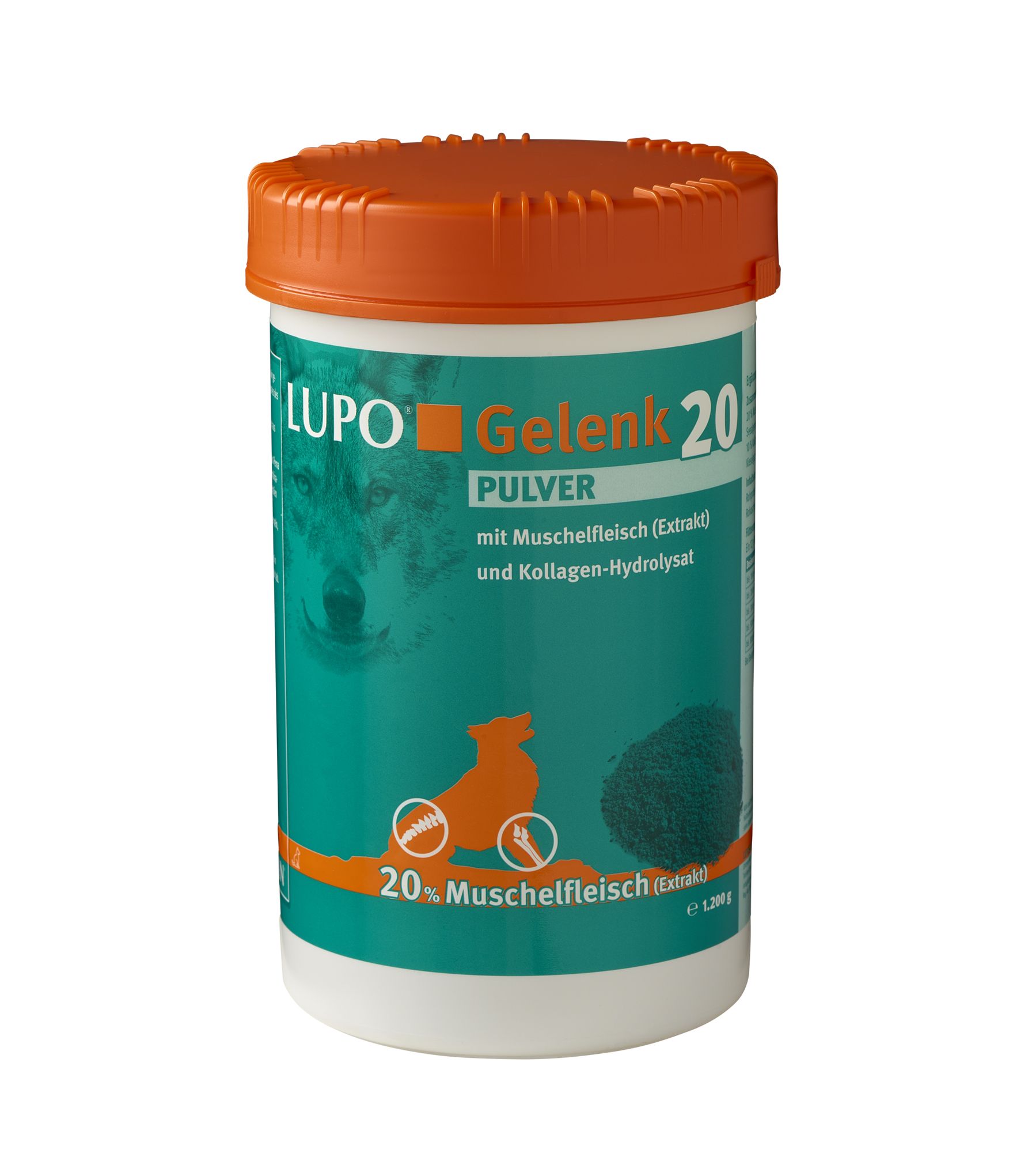 Weißer Behälter mit orangefarbenem Deckel. Aufschrift: LUPO Gelenk 20 Pulver. Grün-weiße Etikett mit Wolf und Hund. Enthält Muschelfleisch.