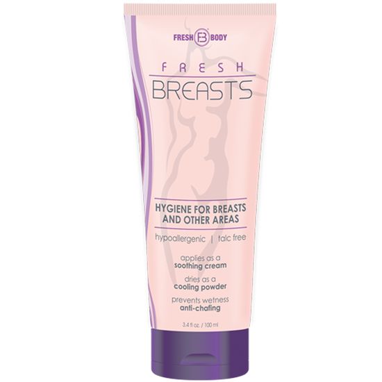 Rosa Tube mit "FRESH BREASTS" Aufschrift. Enthält "HYGIENE FOR BREASTS AND OTHER AREAS". Hypoallergen, talkfrei. Wirkt als beruhigende Creme, trocknet als kühlendes Puder.