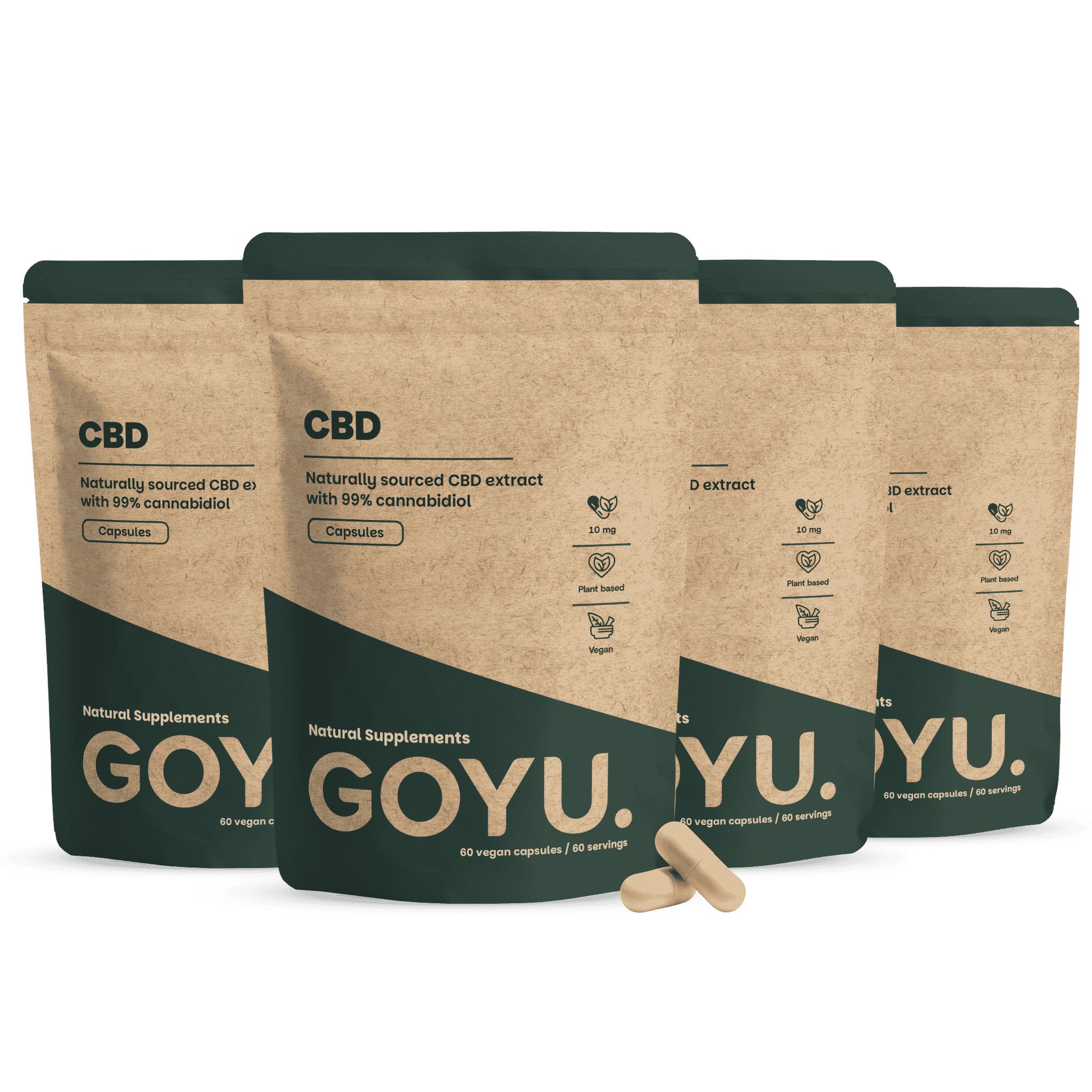 Vier Packungen GOYU CBD Öl Kapseln, zwei vorne, zwei hinten. Braune Beutel mit grünen Akzenten.