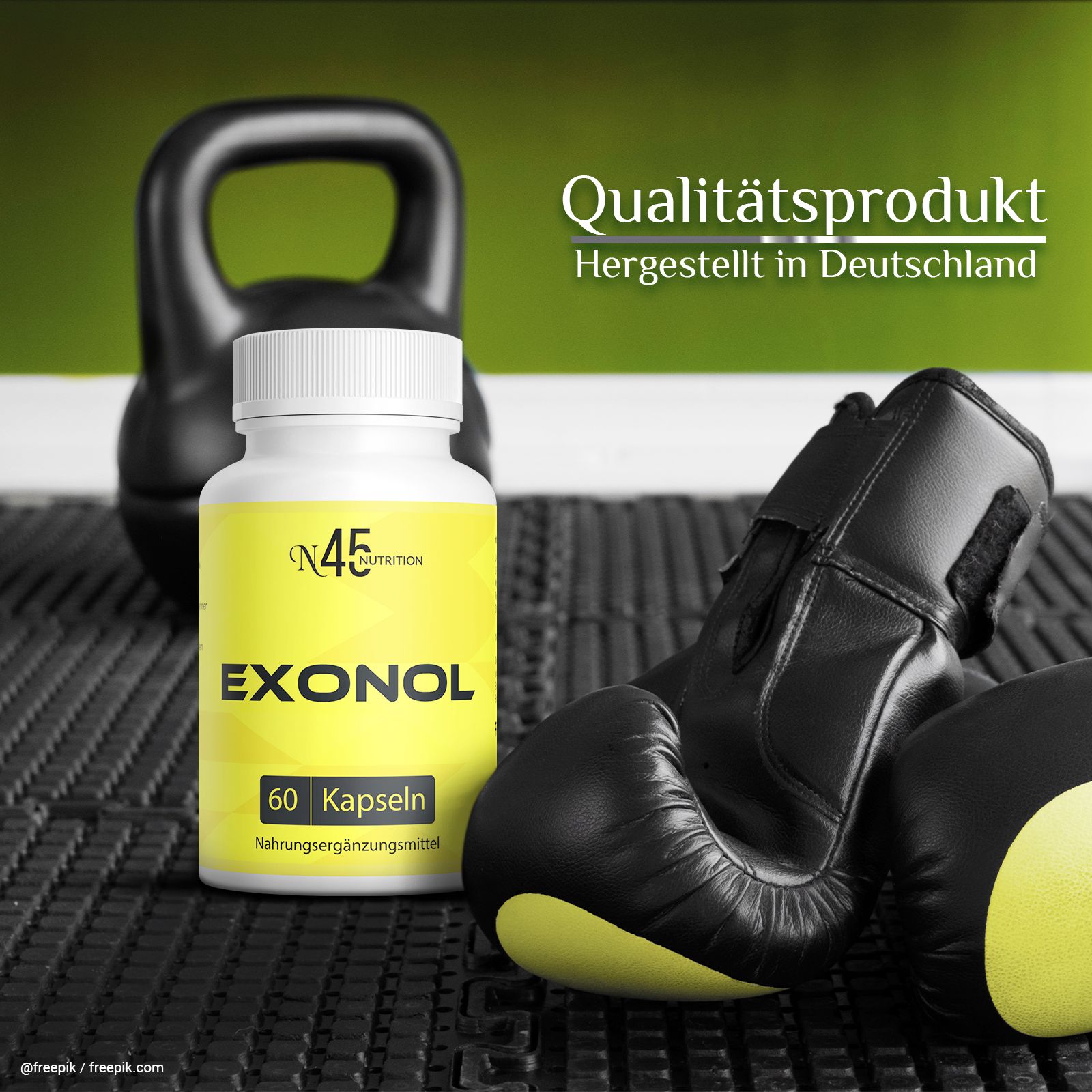 Gelbe Flasche mit weißem Deckel. Aufschrift: EXONOL, 60 Kapseln. Hintergrund: Hantel, Boxhandschuhe.