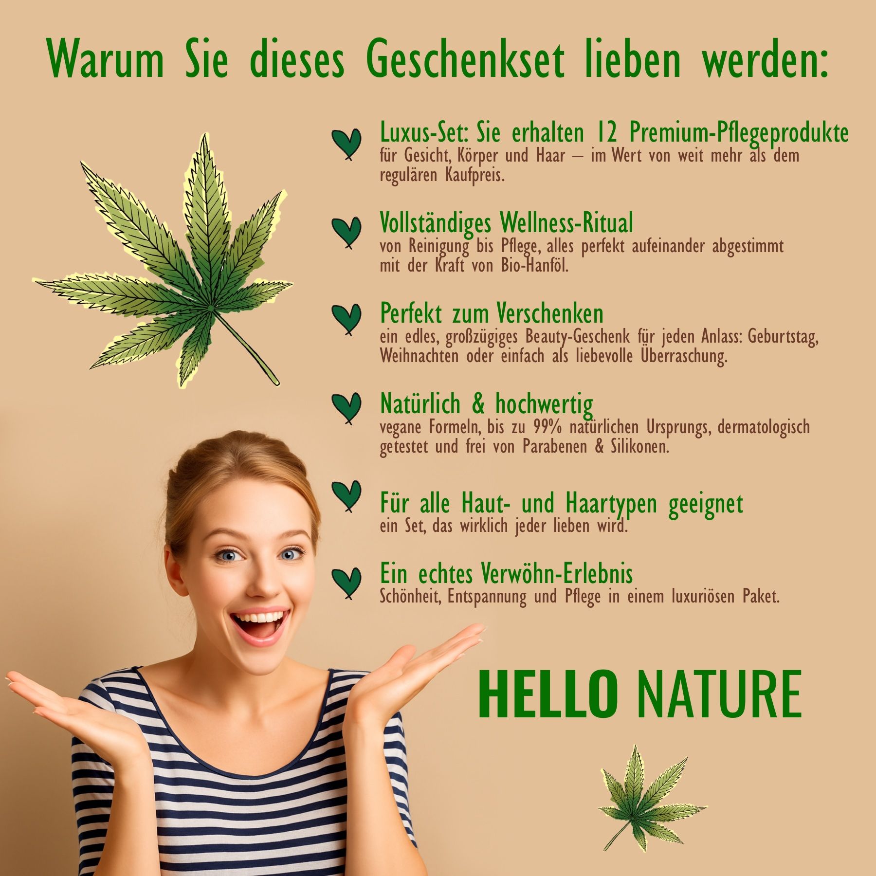 Frau mit offenem Mund und Händen. Text: Hello Nature. Cannabis-Blatt. Text über Vorteile des Geschenksets.