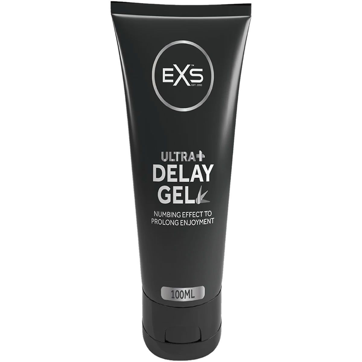 Schwarze Tube mit silbernem Aufdruck. Oben steht "EXS", darunter "ULTRA+ DELAY GEL". Untertitel: "NUMBING EFFECT TO PROLONG ENJOYMENT". Unten: "100ML".