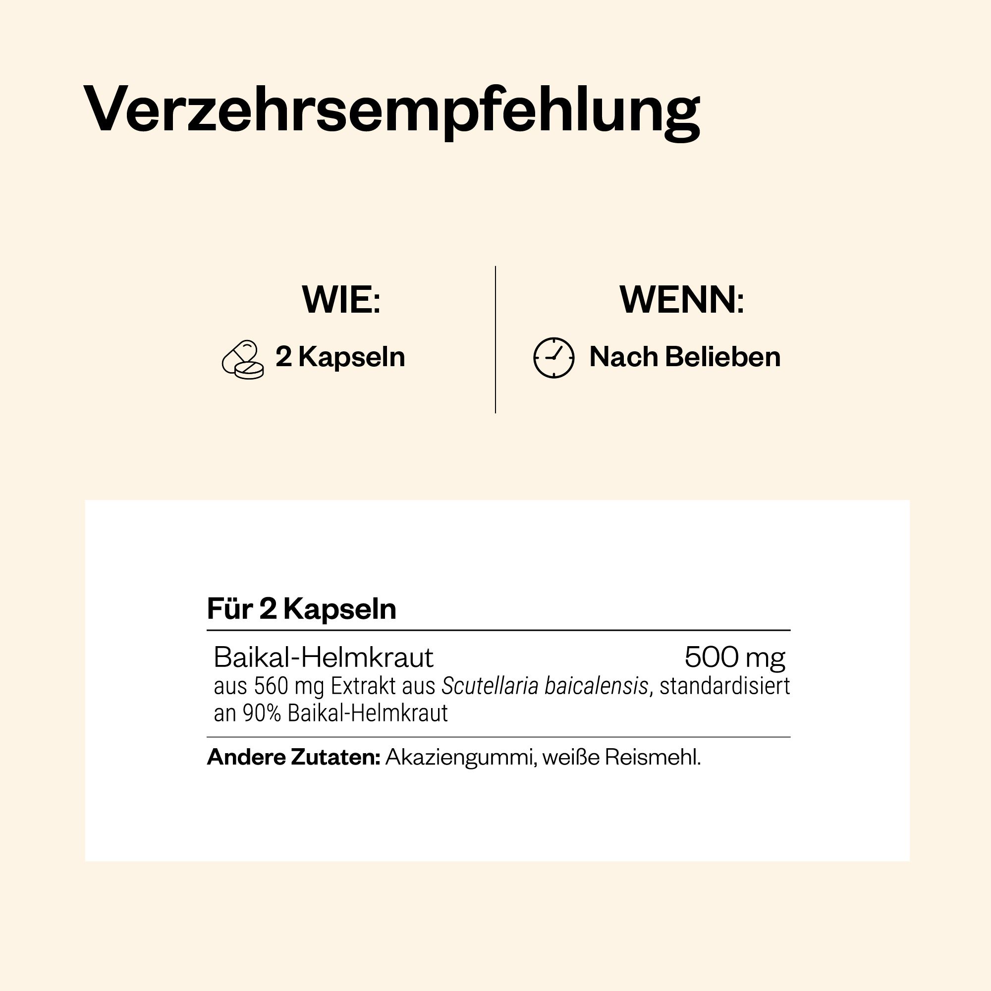 Text mit Dosierungsempfehlung. 2 Kapseln. Baikal-Helmkraut 500 mg. Andere Zutaten.