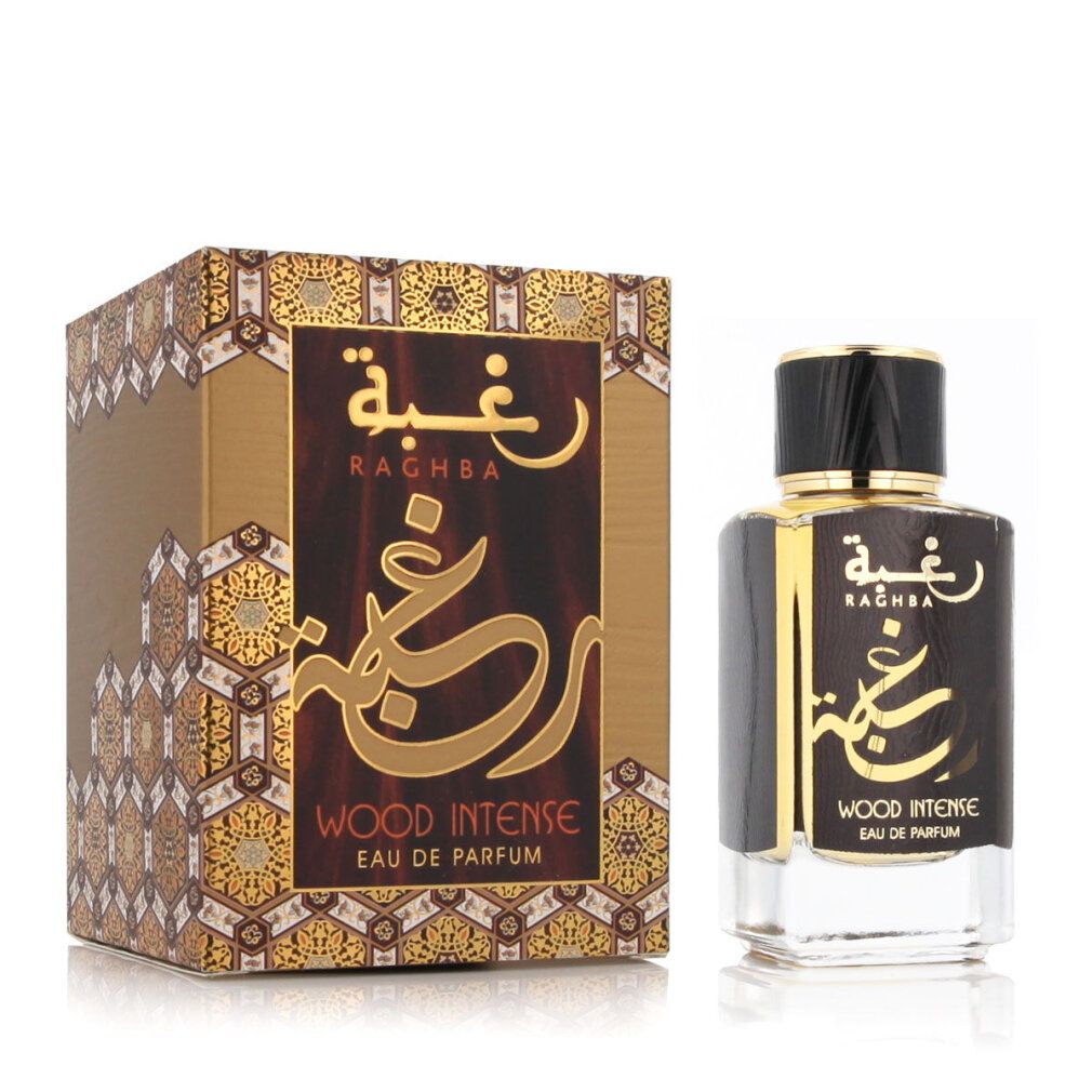 Parfümflasche und Schachtel. Auf der Flasche und Schachtel steht "RAGHBA WOOD INTENSE Eau de Parfum".