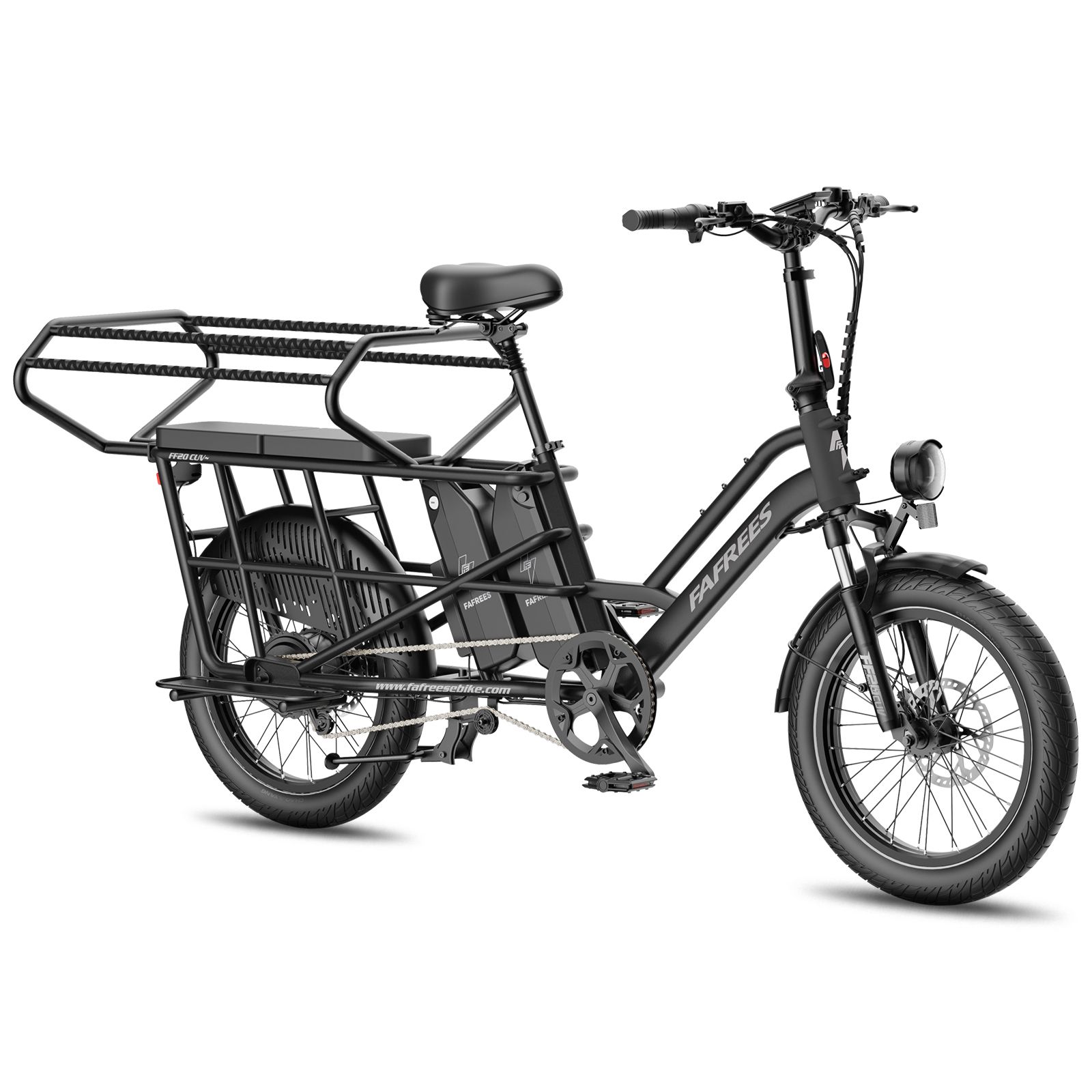 Schwarzes Fafrees FF20 CUV Elektrofahrrad mit zwei Akkus, großem Gepäckträger und Kettenschutz.