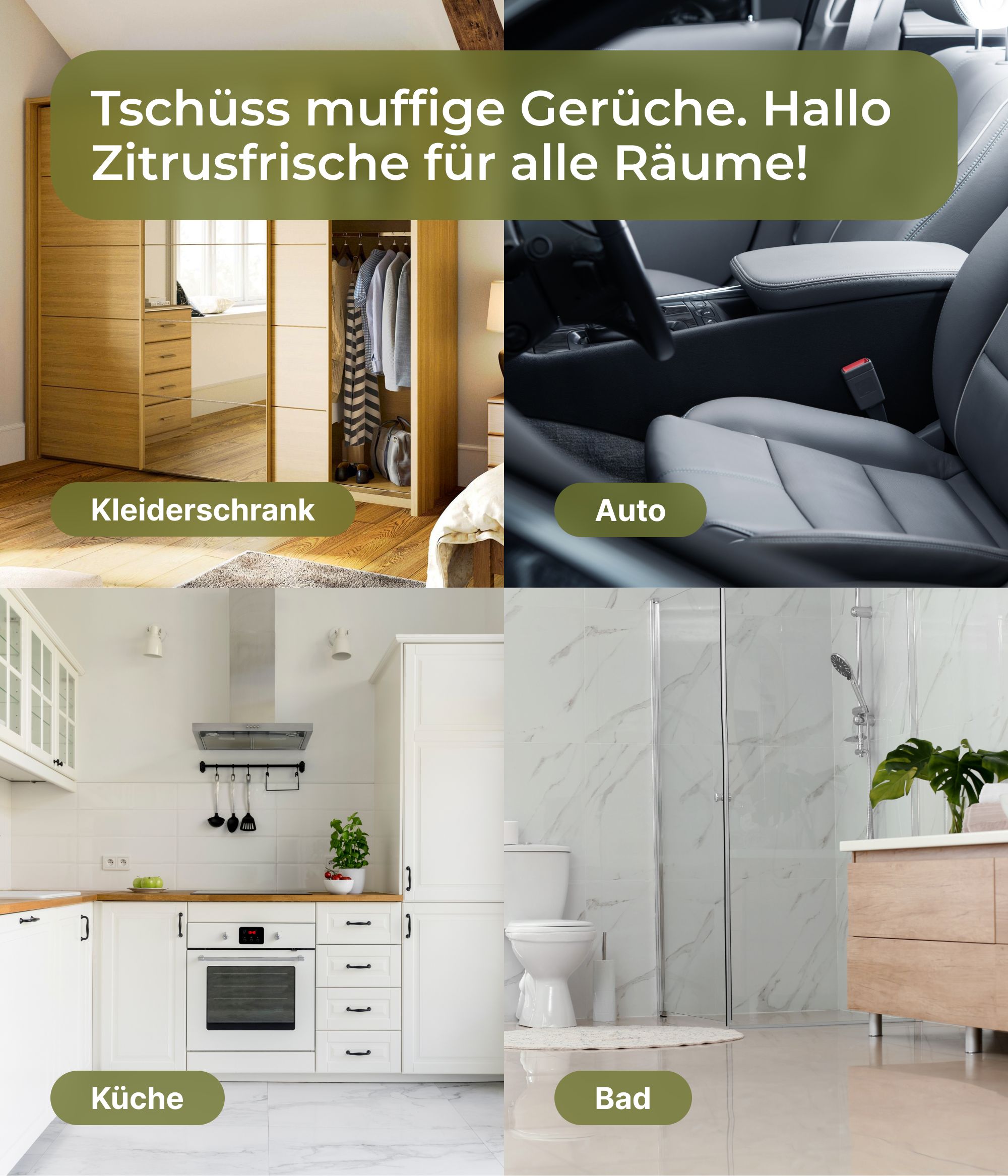Vier Bilder: Kleiderschrank, Auto, Küche, Bad. Text: Zitrusfrische für alle Räume!