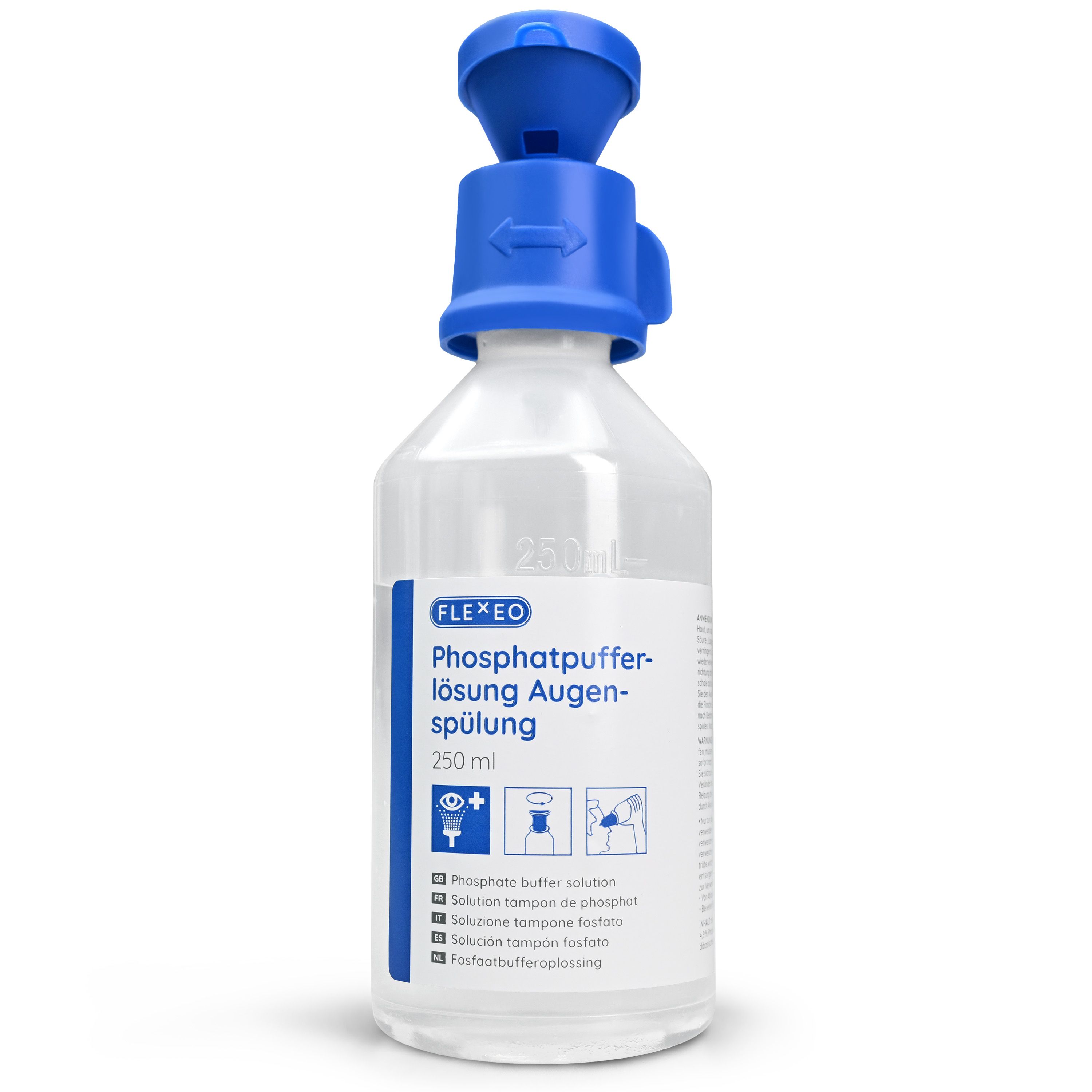 FLEXEO Augenspülflasche. Weiße Flasche mit blauem Aufsatz. Aufschrift: Phosphatpuffer-Lösung Augenspülung. 250 ml.