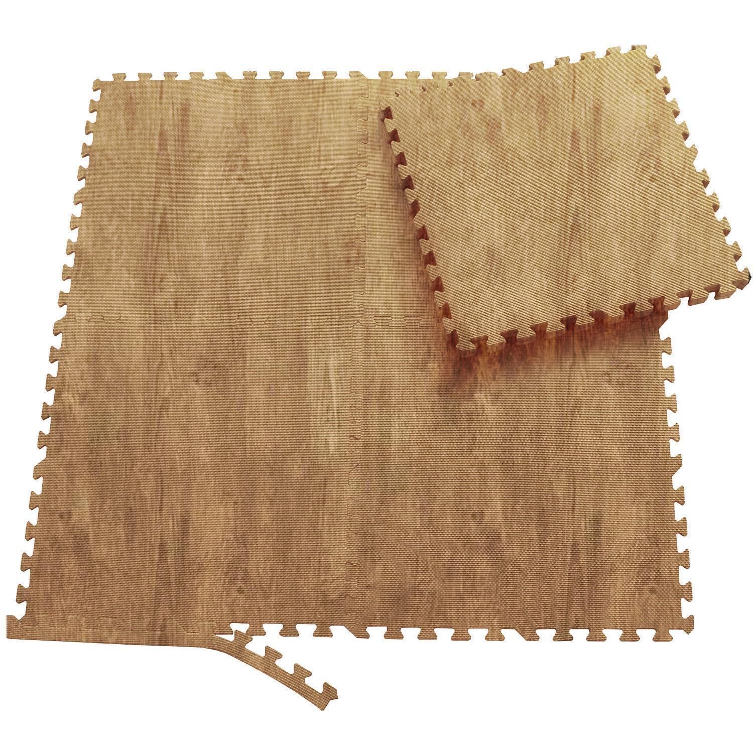Braune Schutzmatten in Holzoptik, Puzzle-Design. Einzelne Teile mit Zahnkanten. Oberfläche mit Holzmaserung.
