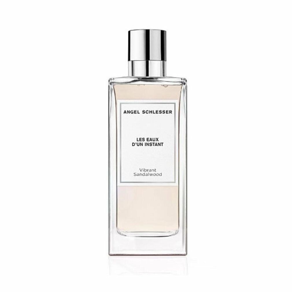Flakon mit silbernem Verschluss. Auf dem Etikett steht Angel Schlesser Les Eaux d'Un Instant Vibrant Sandalwood.