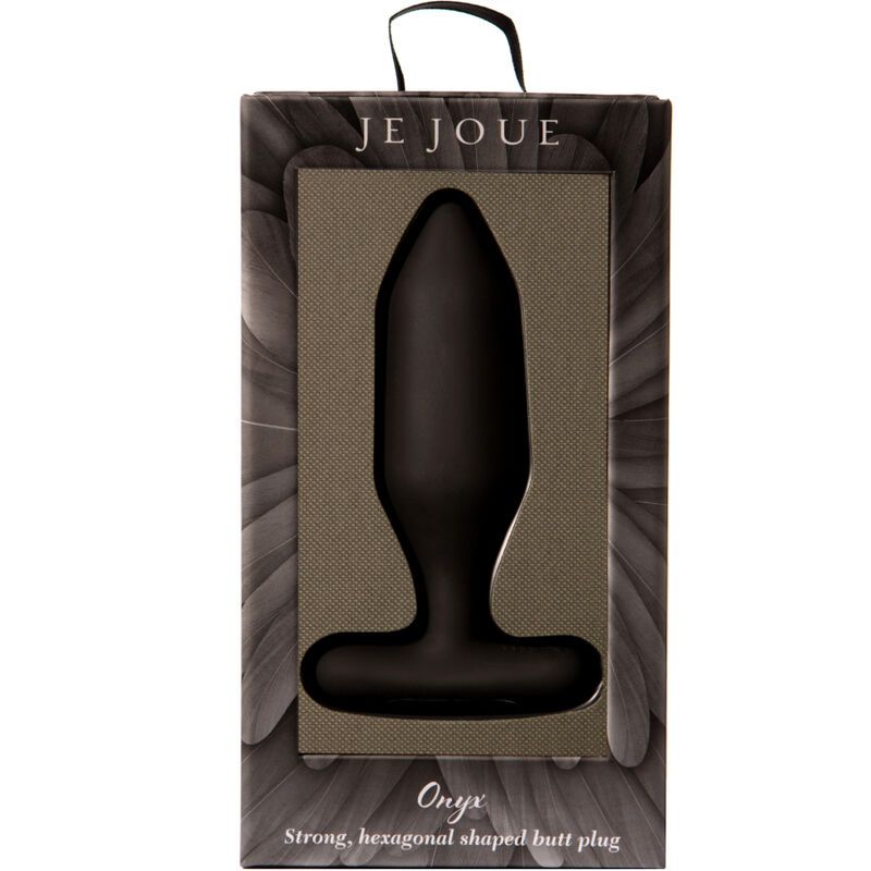 Verpackung mit schwarzem Analplug. Marke: Je Joue. Text: Onyx, Strong, hexagonal shaped butt plug.