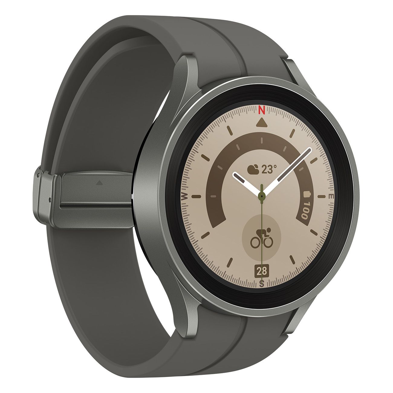 Graue Smartwatch mit rundem Zifferblatt und grauem Armband. Das Zifferblatt zeigt Uhrzeit, Temperatur und Symbole. Geschlossen mit Schnalle.