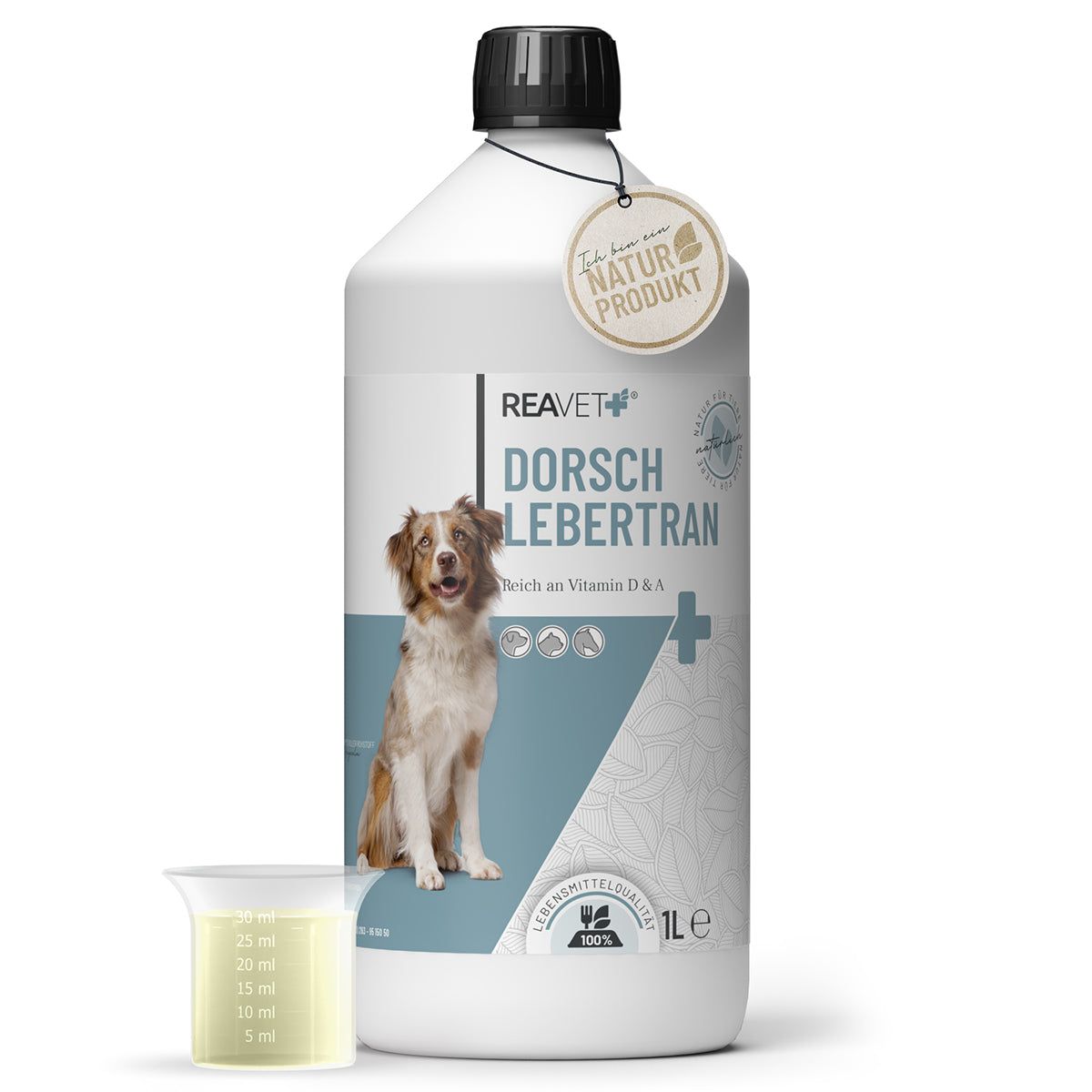 ReaVET Dorschlebertran-Flasche mit Hund, Messbecher. 1L-Flasche, Etikett mit Produktinformationen, Naturprodukt-Siegel.