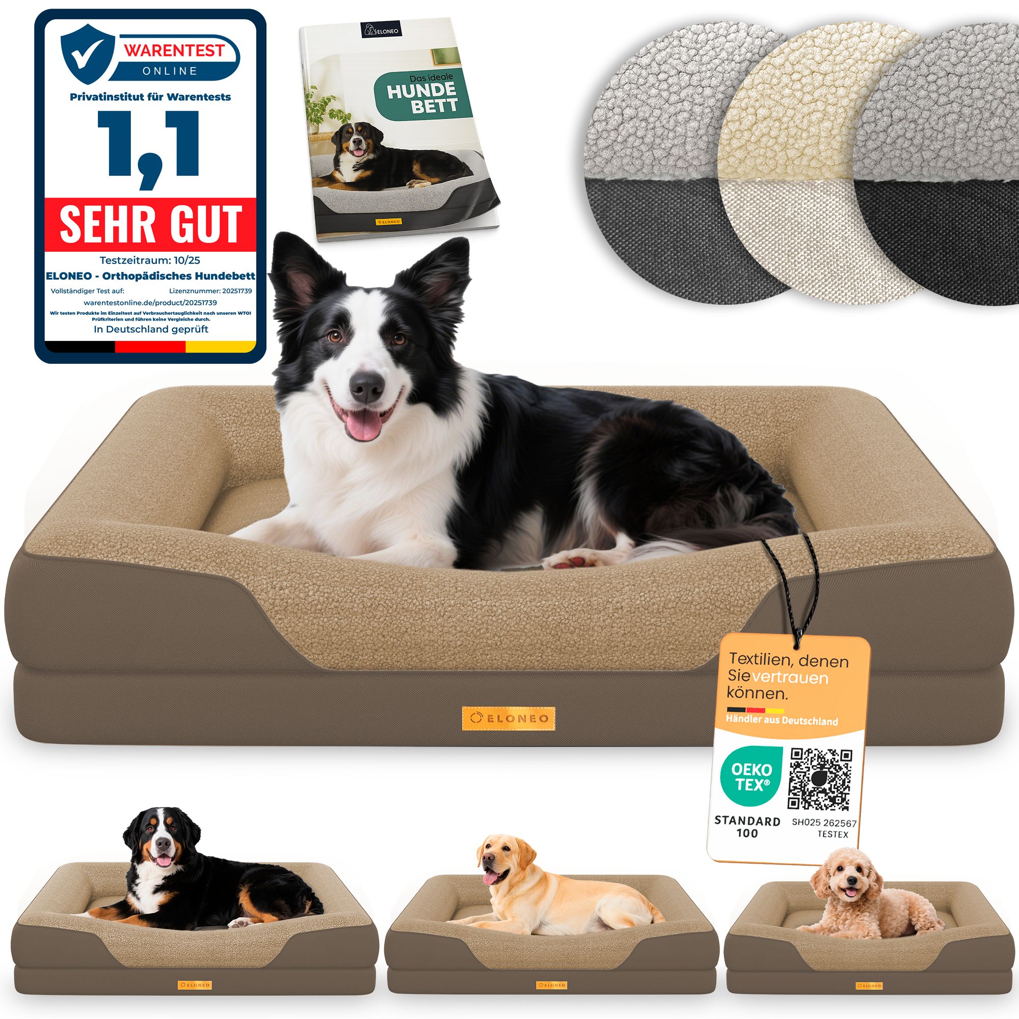 Hundebett, braun. Hund liegt im Bett. Logo ELONEO. Text: Sehr gut. Oeko-Tex Standard 100.