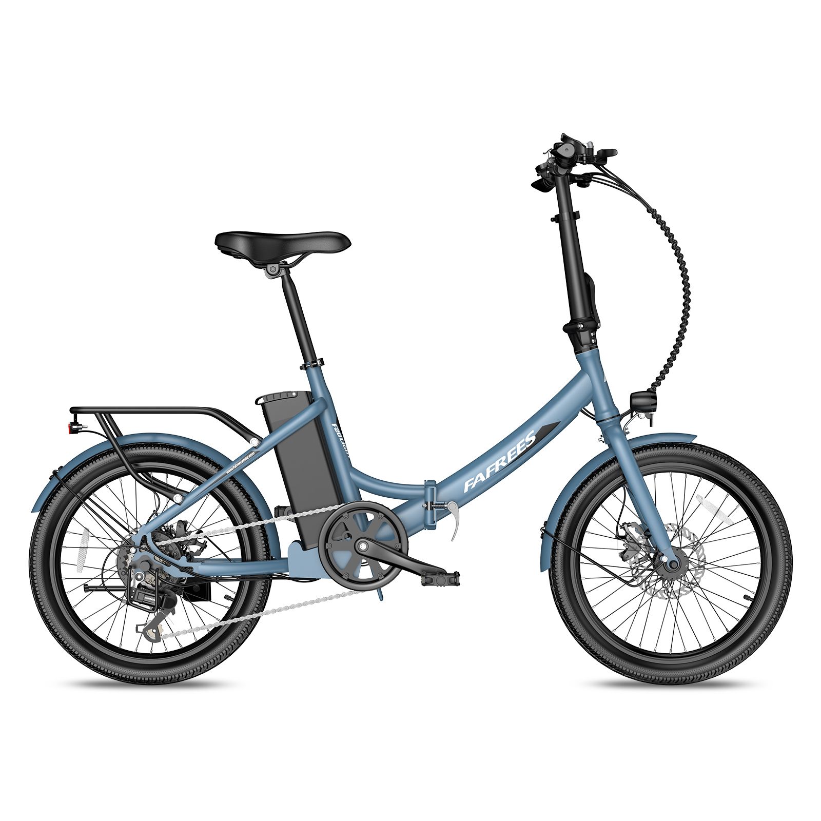 Blaues Fafrees F20Light E-Bike, Seitenansicht. Schwarze Reifen, Gepäckträger, Akku und Sattel. Fafrees-Logo.