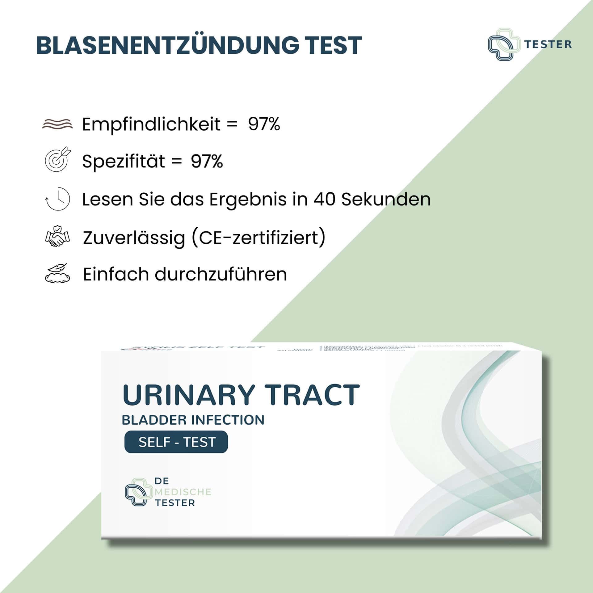 Blasenentzündung Test: Empfindlichkeit 97%, Spezifität 97%. Ergebnis in 40 Sek. CE-zertifiziert.