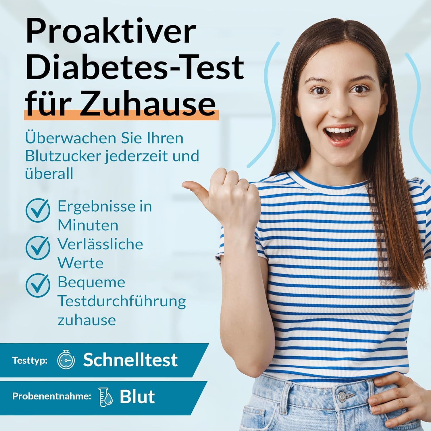 Frau zeigt auf Text. Text: Proaktiver Diabetes-Test für Zuhause. Ergebnisse in Minuten, zuverlässige Werte.