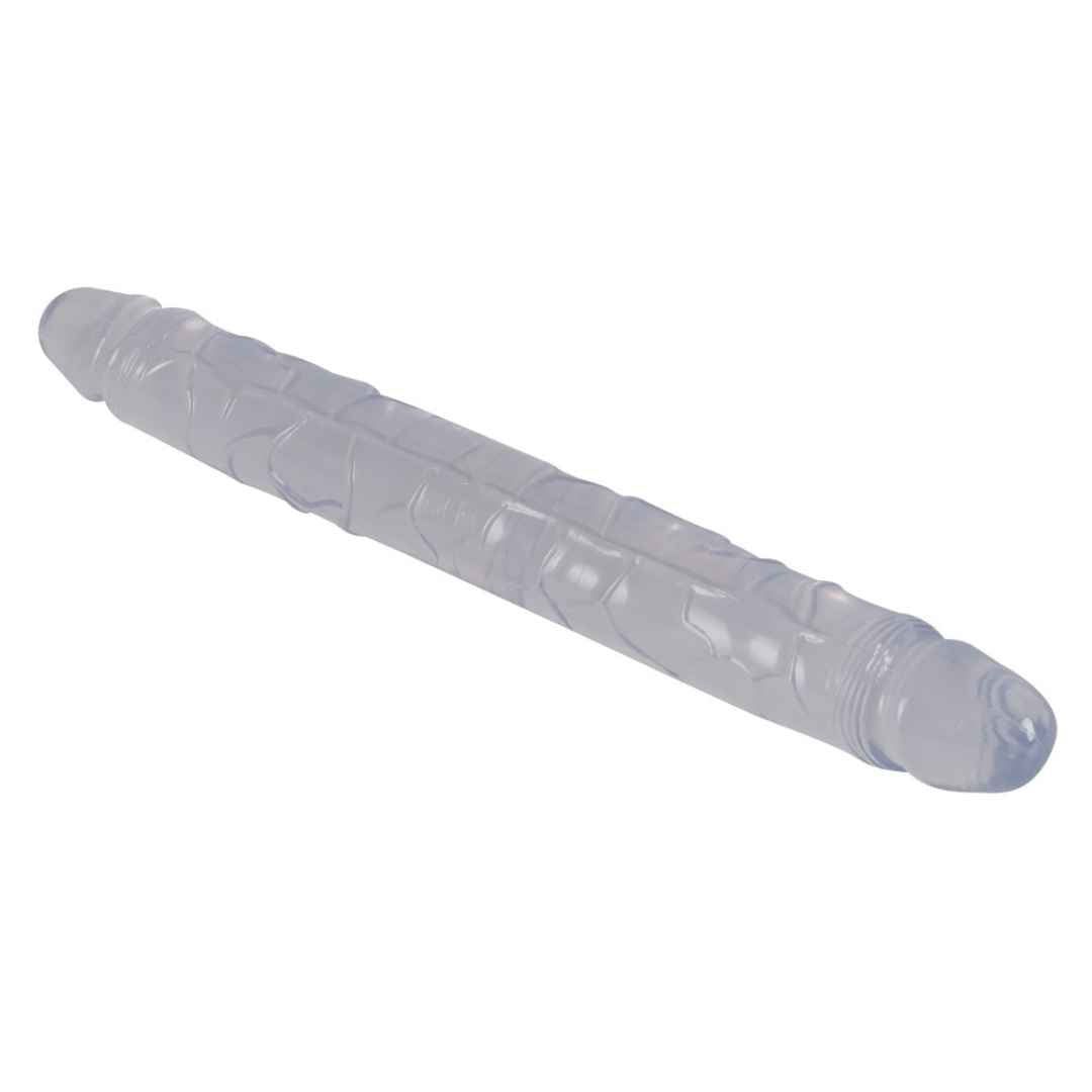 Doppeldildo aus transparentem Material. Geriffelte Oberfläche, zwei Enden.
