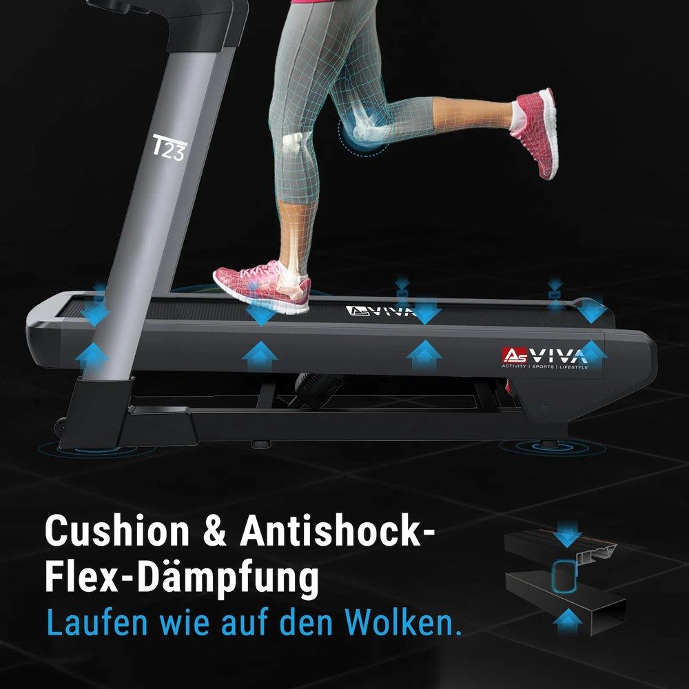 AsVIVA Laufband T23 Pro Climb mit Dämpfungssystem und Text 'Cushion & Antishock-Flex-Dämpfung'.