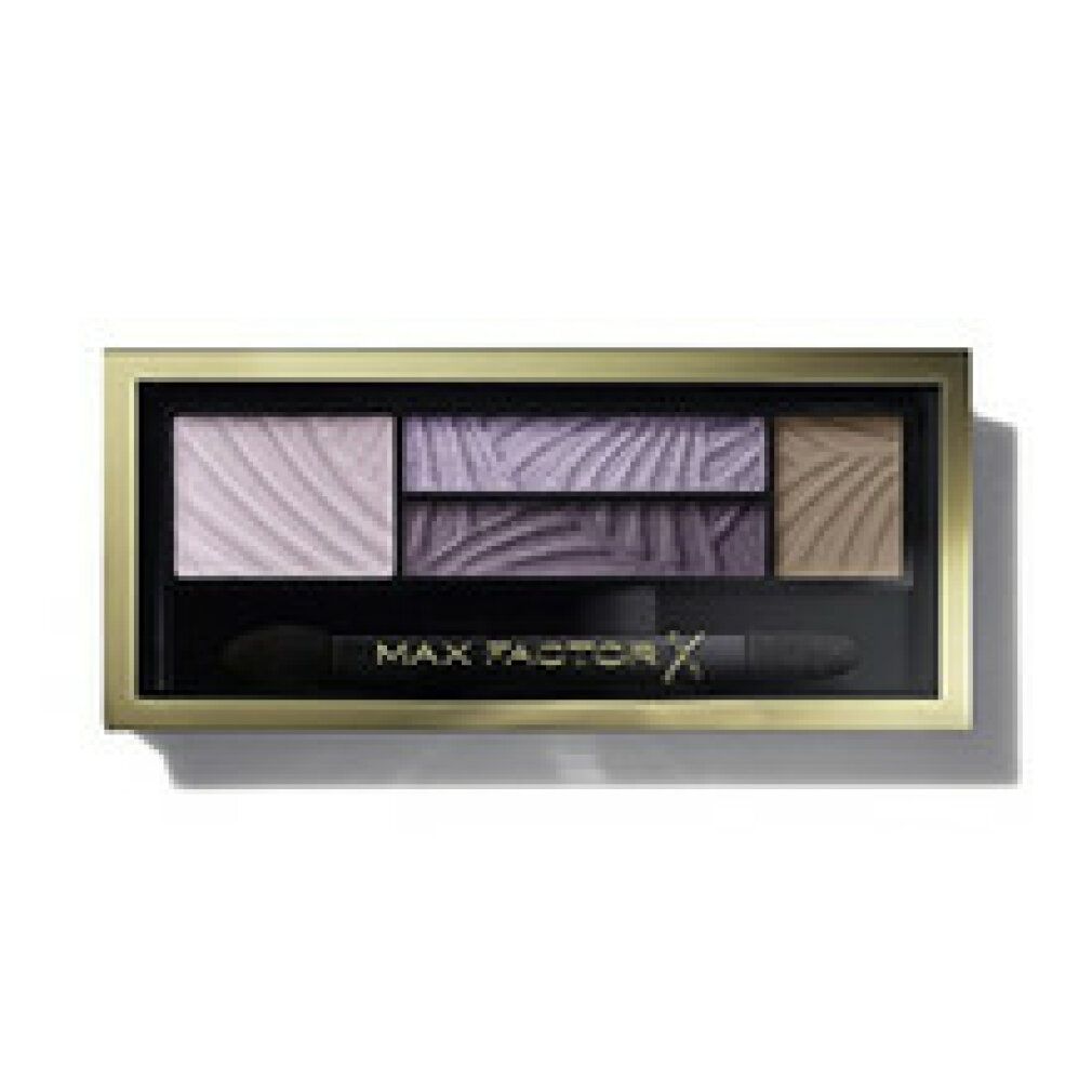 Lidschatten-Palette mit fünf Farbtönen und Applikator. Goldfarbene Umrandung, schwarzer Innenraum. Max Factor Logo.