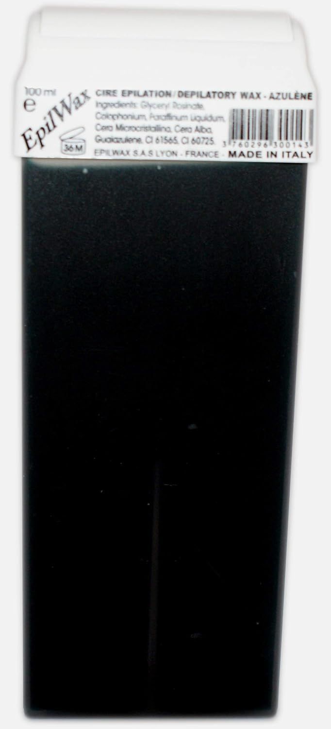 Einzelne schwarze Wachspatrone mit weißem Deckel. Aufdruck: EpilWax, Cire Epilation, Azulene. Hergestellt in Italien.