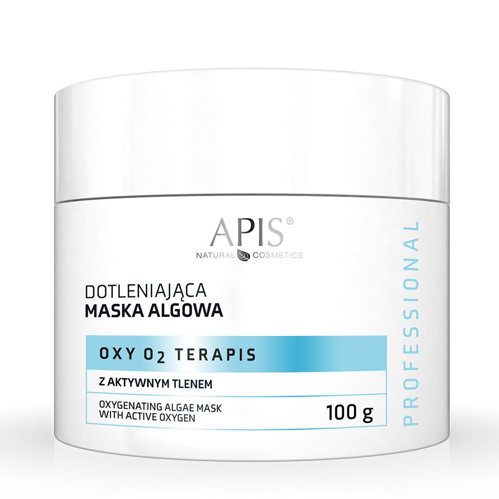 Weißer Tiegel mit APIS-Logo und Produktbezeichnung OXY O2 TERAPIS. Text: Oxygenating algae mask with active oxygen. 100 g.