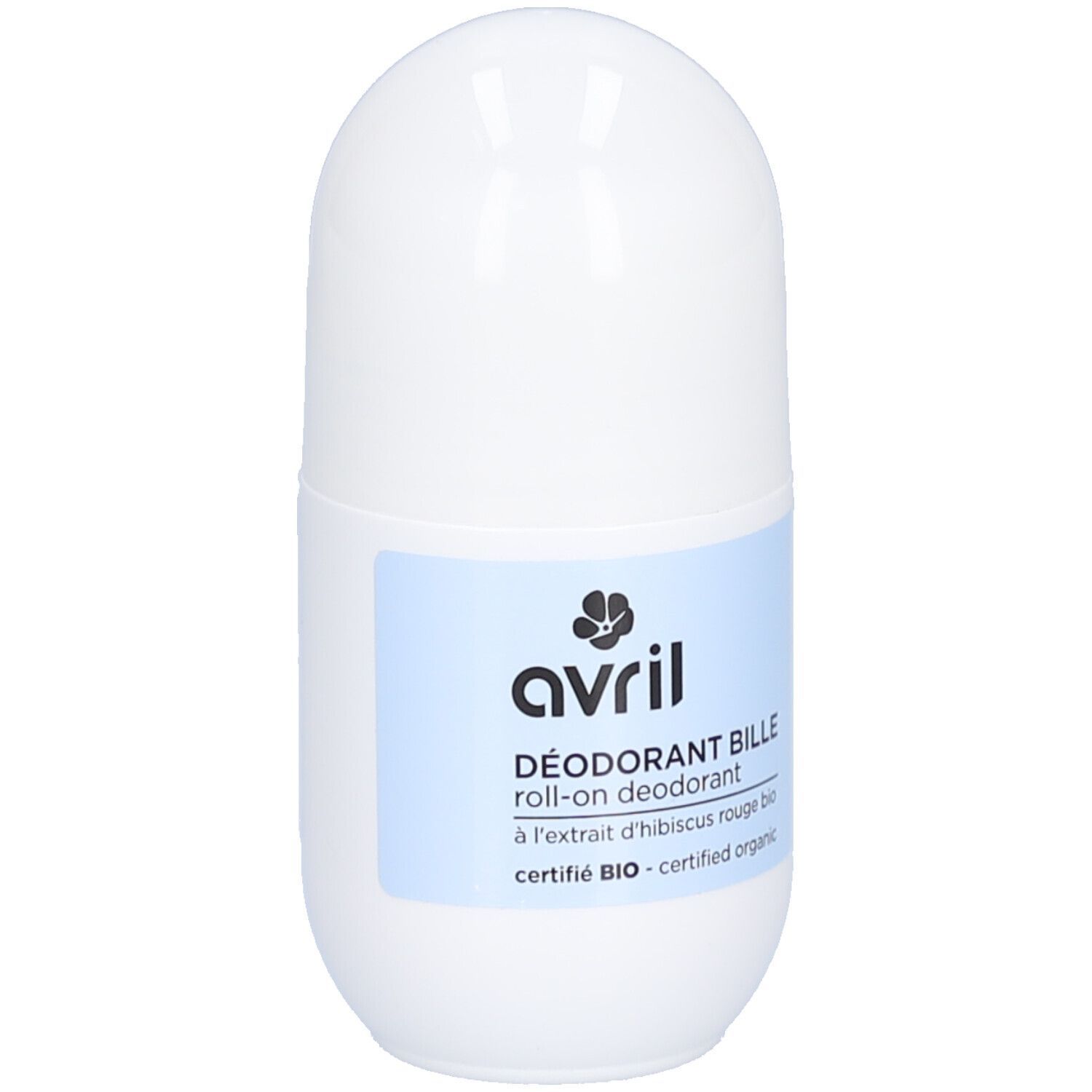 Weiße Roll-on-Deodorantflasche mit blauem Etikett und dem Markennamen 'avril'. Enthält Hibiskusextrakt, zertifiziert biologisch.
