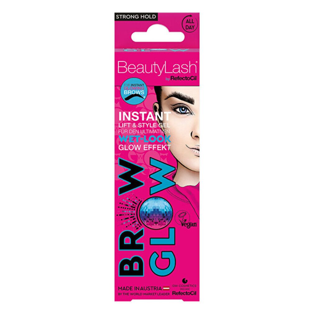 Pinke Verpackung von Refectocil BEAUTYLASH BROW GLOW. Aufdruck: BROW GLOW, BeautyLash, Instant Brows, Wet-Look Glow Effekt.