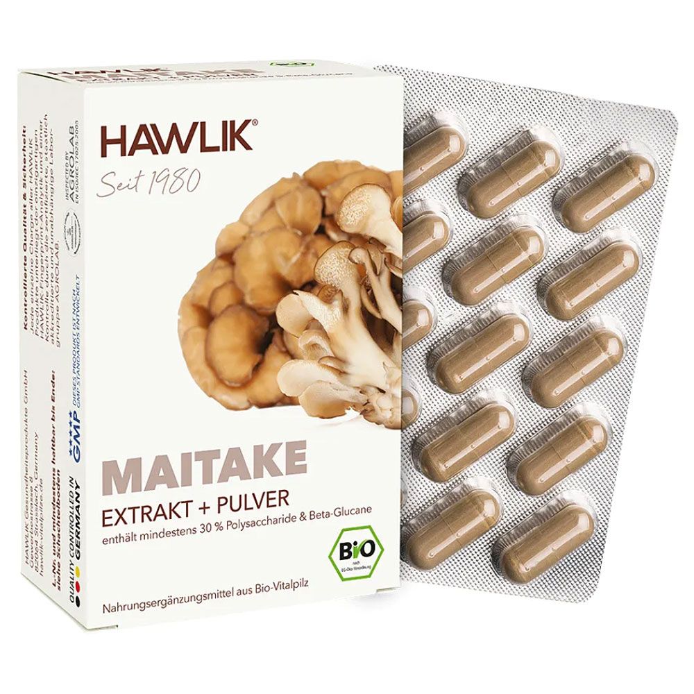 Kapseln und Verpackung. Aufschrift: HAWLIK, MAITAKE EXTRAKT + PULVER, BIO-Zertifizierung. Enthält 30% Polysaccharide & Beta-Glucane.