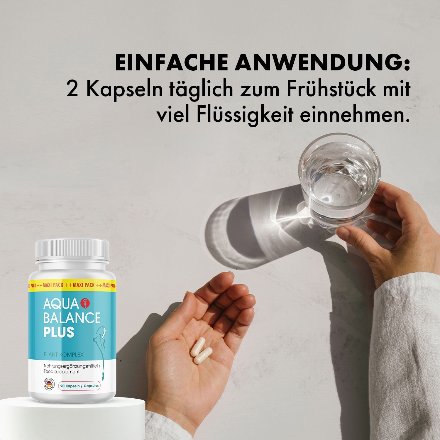 Aqua Balance Plus Kapseln werden mit Wasser eingenommen. Zwei Kapseln täglich.
