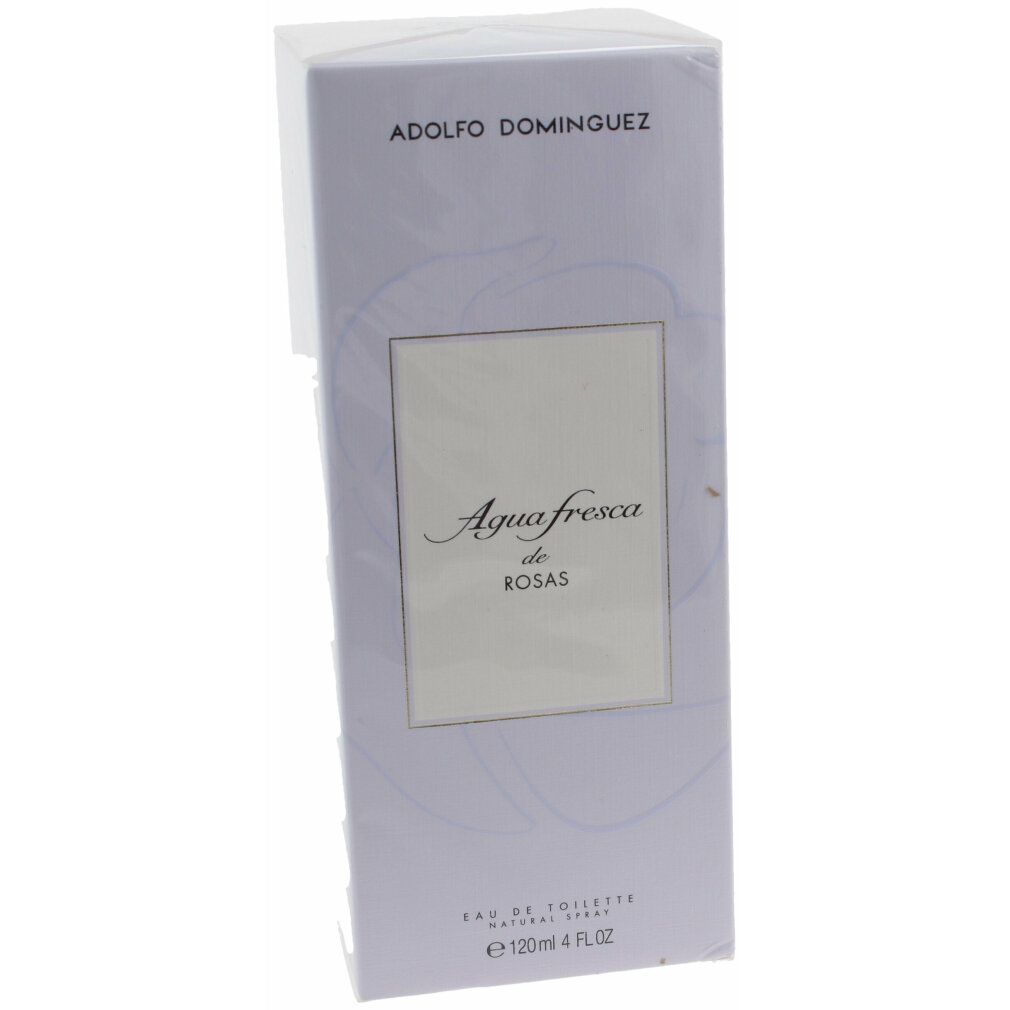 Verpackung von Adolfo Dominguez Agua Fresca De Rosas Eau De Toilette Spray. Rechteckige Schachtel mit Produktnamen und Logo.
