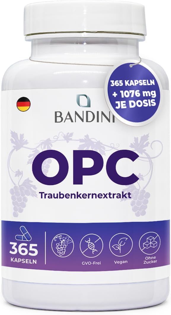 Flasche mit OPC Traubenkernextrakt. Aufschrift: 365 Kapseln, GVO-frei, Vegan, Ohne Zucker. Logo Bandini Pharma.