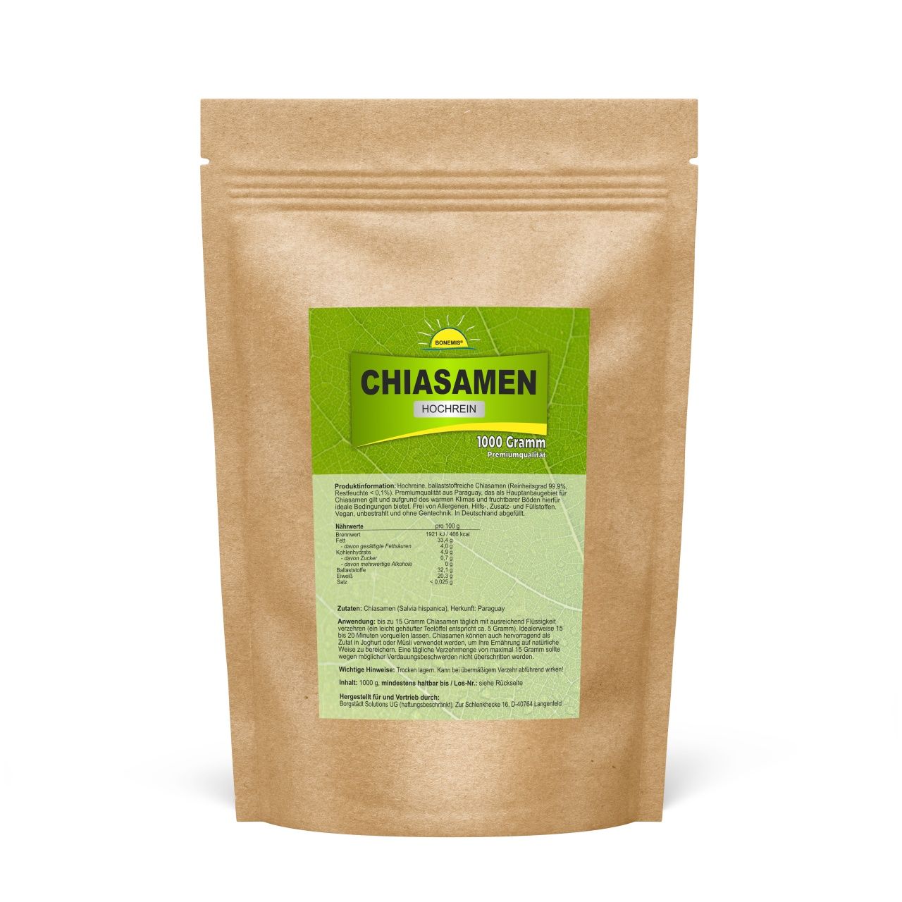 Bonemis® Chiasamen, hochrein, Premiumqualität aus Paraguay, ohne Zusätze 1 kg Pulver