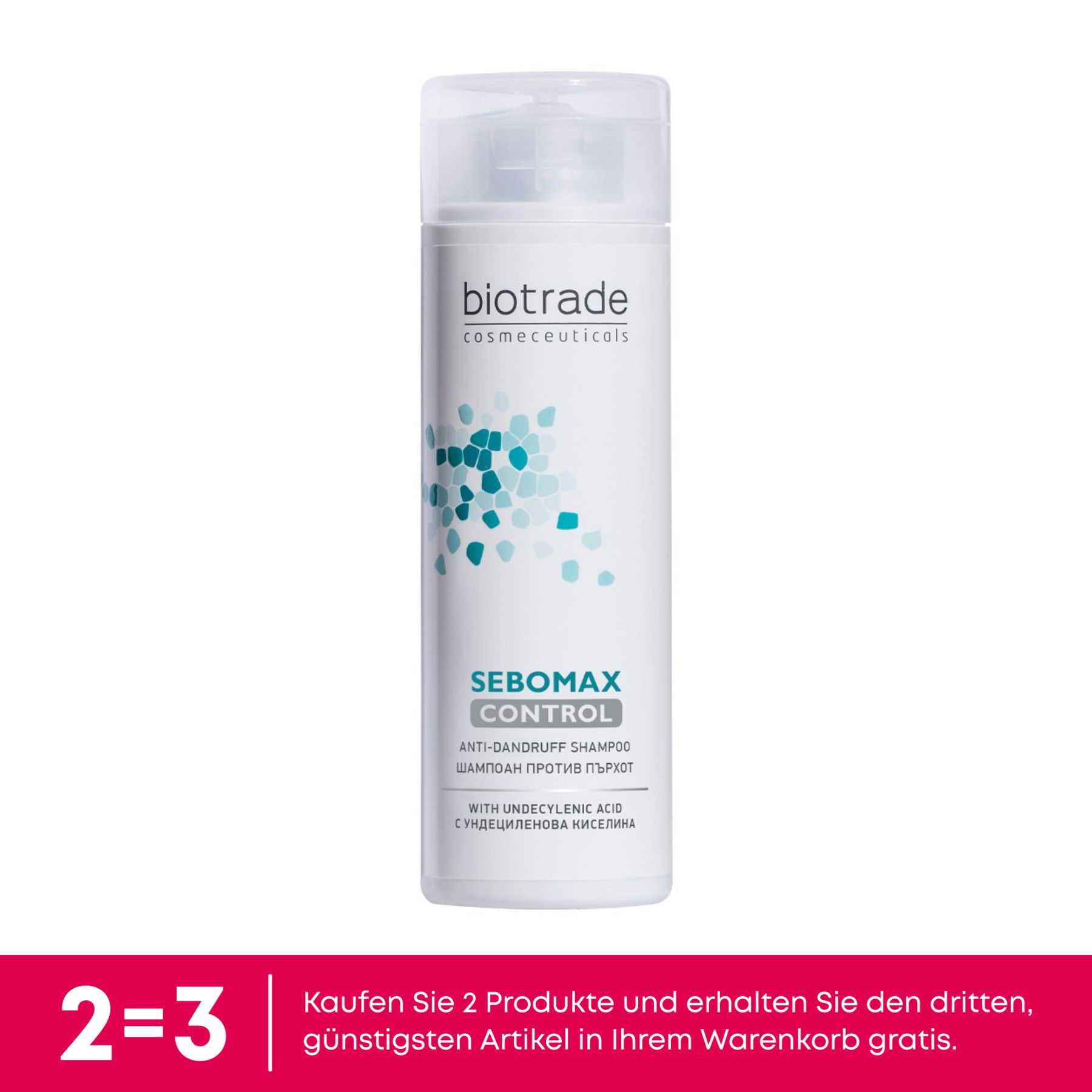Weißes Shampoo mit Klappverschluss. Aufschrift: Biotrade, Sebomax Control, Anti-Schuppen Shampoo. Text: 2=3.